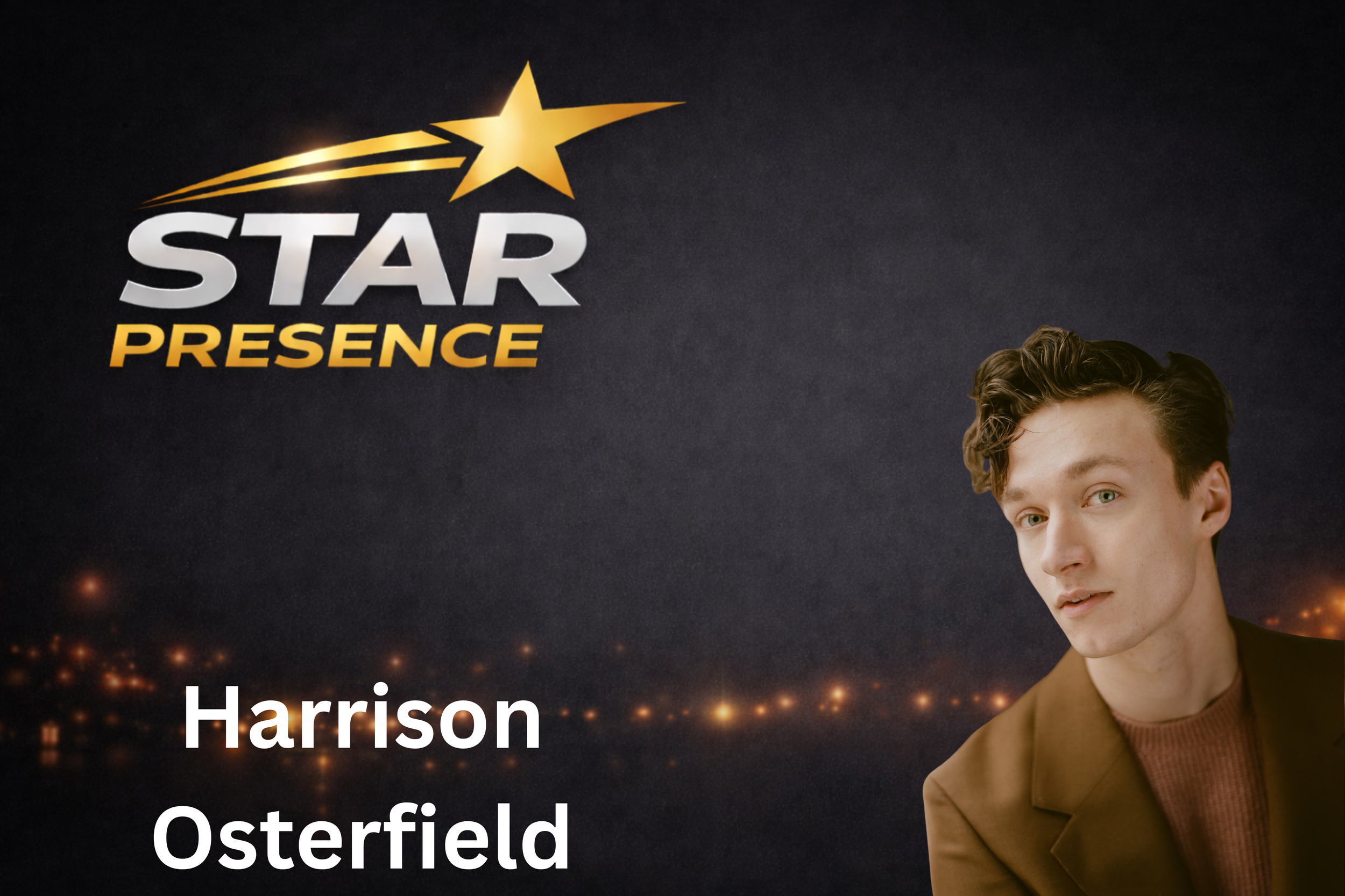 A young man with styled hair, wearing a brown jacket over a maroon shirt, standing in front of a night sky with a bridge lit up with orange lights, and a logo with a gold star and the words 'Star Presence'.