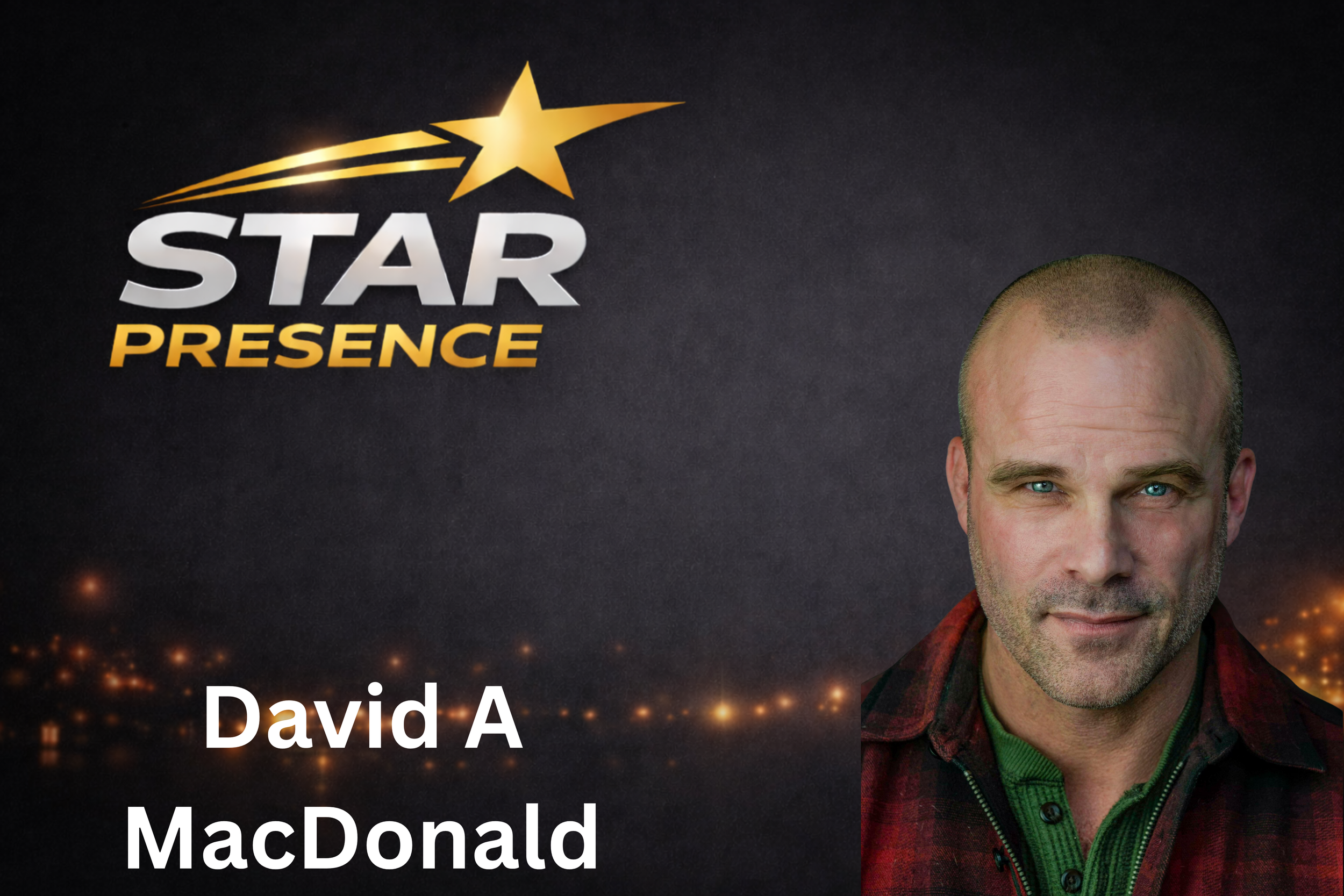 A promotional graphic featuring a close-up of a man with short hair and a beard, wearing a red plaid flannel jacket and a green hoodie, against a night sky background with city lights. The graphic includes a large star with a trail, and the text read