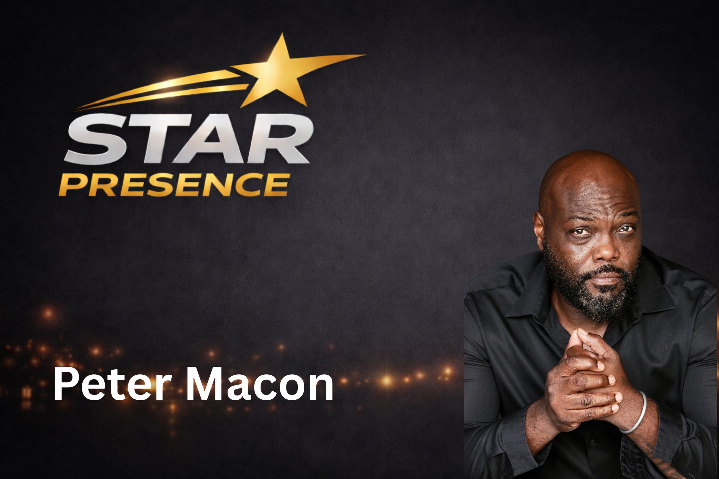 Book cover featuring a man with a bald head and beard, wearing a black shirt, with text that reads 'Star Presence' and 'Peter Macon', with a gold star and streaks in the background.