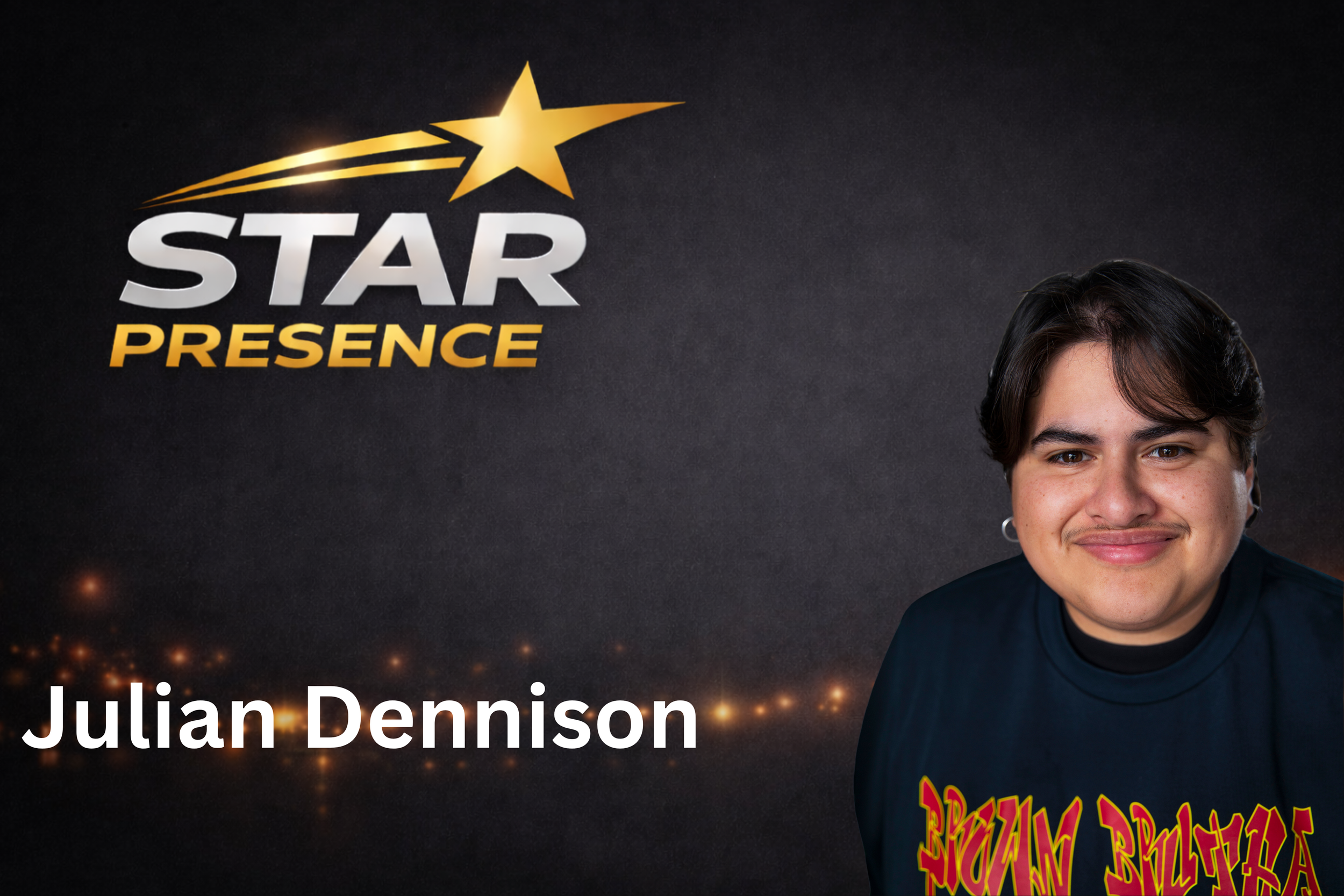 A young person with dark hair, wearing a black shirt with colorful text, is smiling in front of a dark, starry background. The image features the logo of 'Star Presence' with a gold star and shooting star graphic, and the name Julian Dennison.