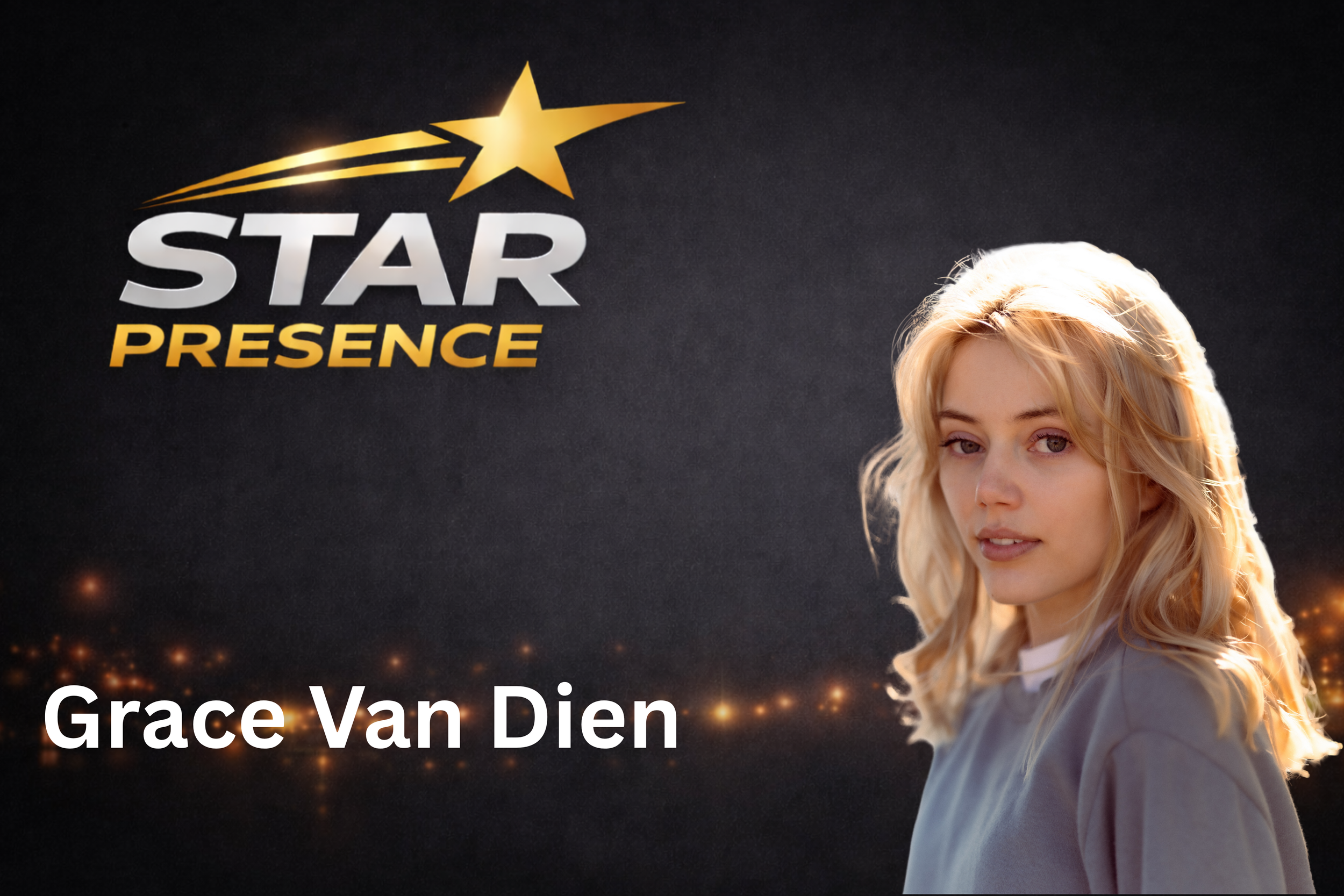 A promotional image for Grace Van Dien's project 'Star Presence.' It features the upper part of a young woman with blonde hair looking at the camera, with a dark background and a glowing star with a trail of light above the text.