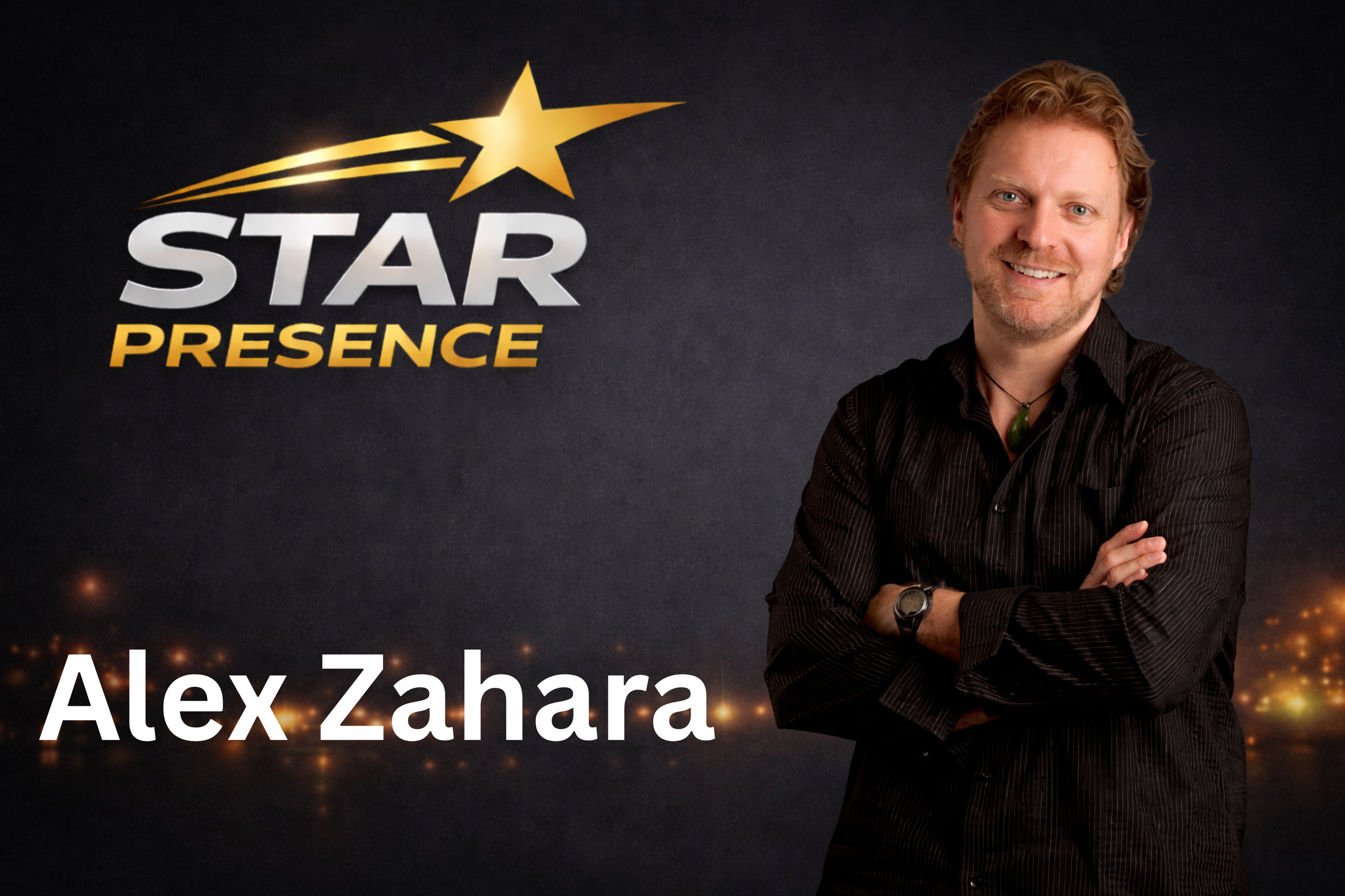 Promotional image of Alex Zahara with a logo saying 'Star Presence' and a black background.