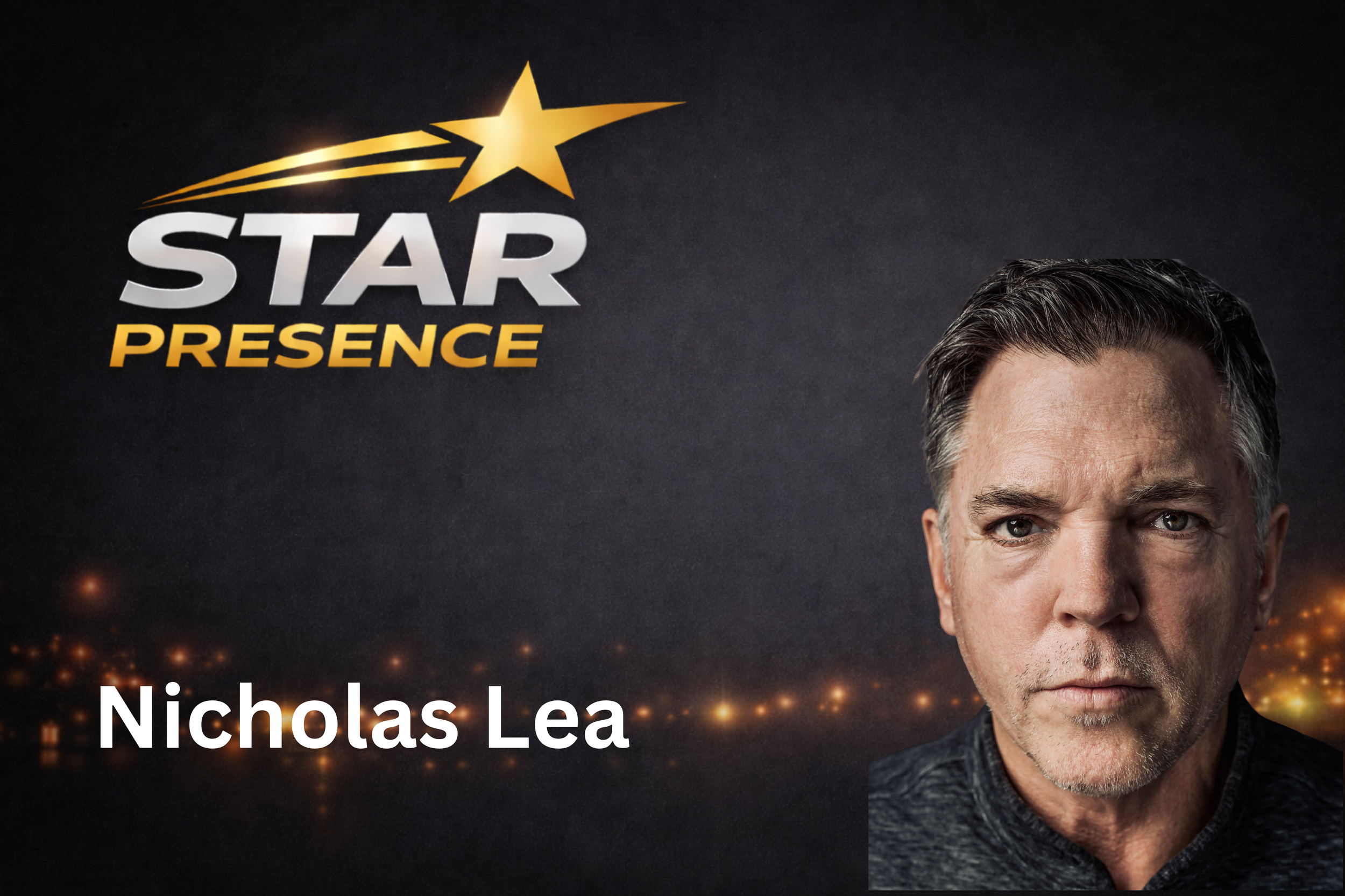 Promotional poster featuring a close-up of a man with short dark hair and gray highlights, with a city skyline in the background, and the text 'STAR PRESENCE' and part of a person's name.