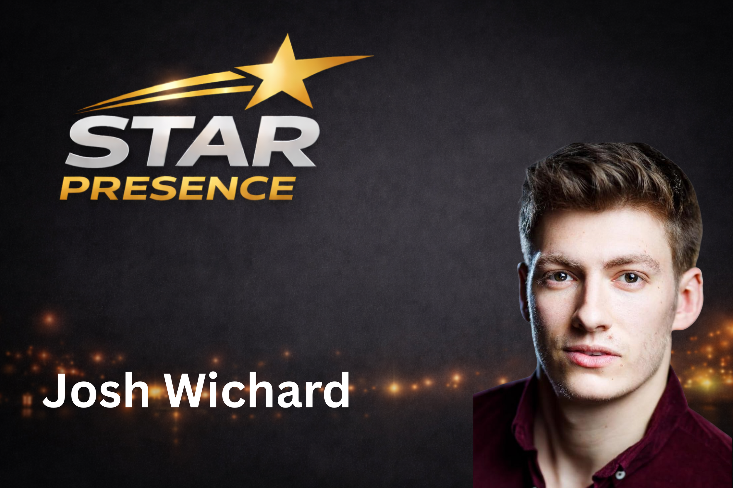 A young man with short brown hair, wearing a maroon shirt, standing against a dark background with star and light effects. The text 'Star Presence' appears above his head, and the name 'Josh Wichard' is displayed at the bottom.