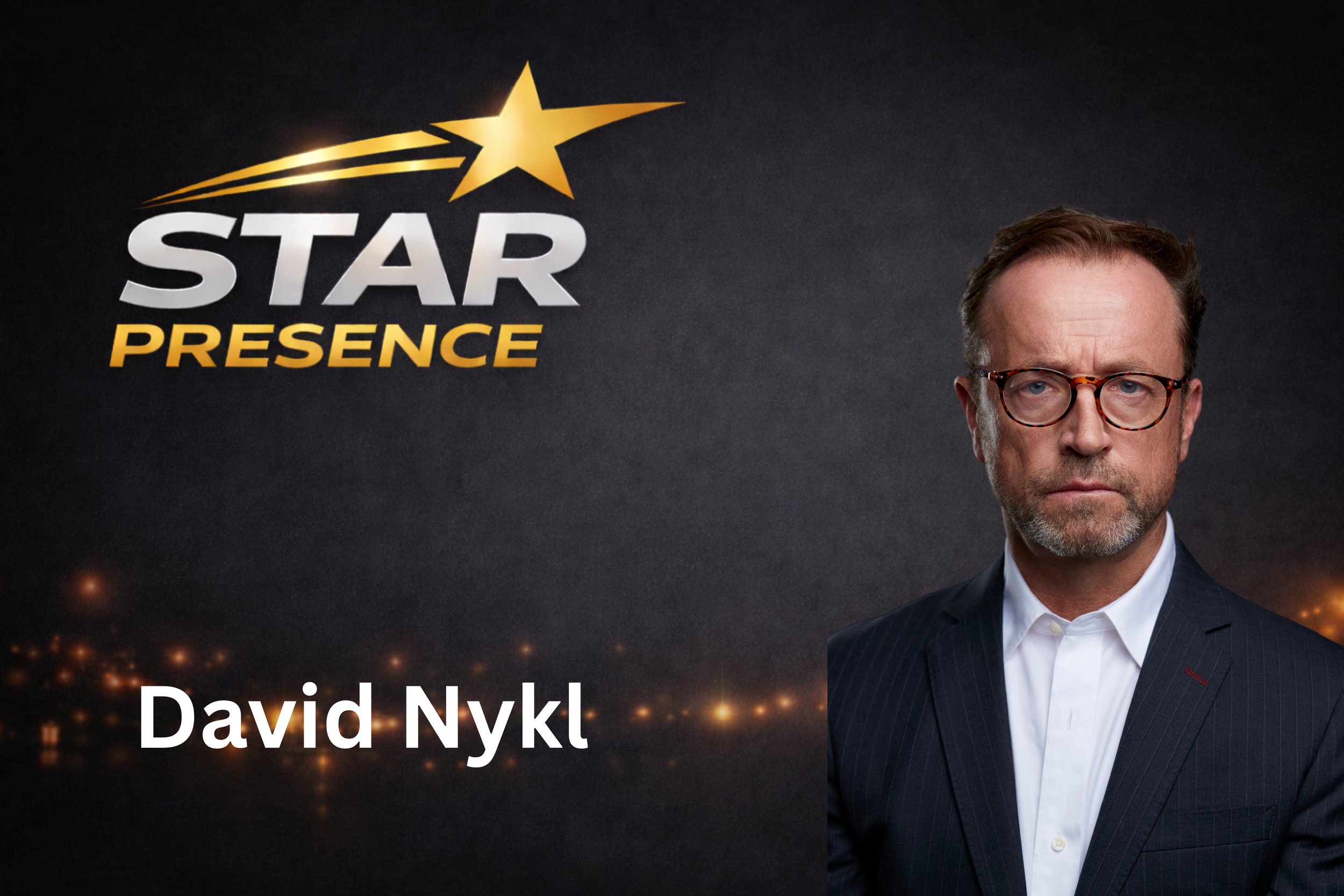 Promotional poster for a show called 'Star Presence' featuring David Nykl, a man with glasses, in a dark suit and white shirt, with a star and shooting star graphic above the title.