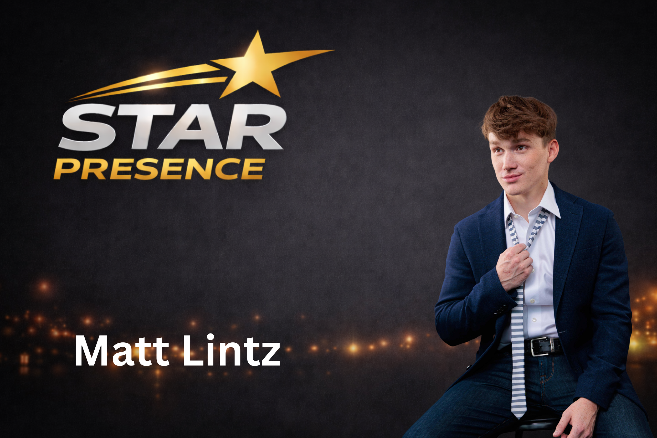 Book cover titled "Star Presence" by Matt Lintz, featuring a young man in a blue suit adjusting his tie against a dark background with golden light effects.