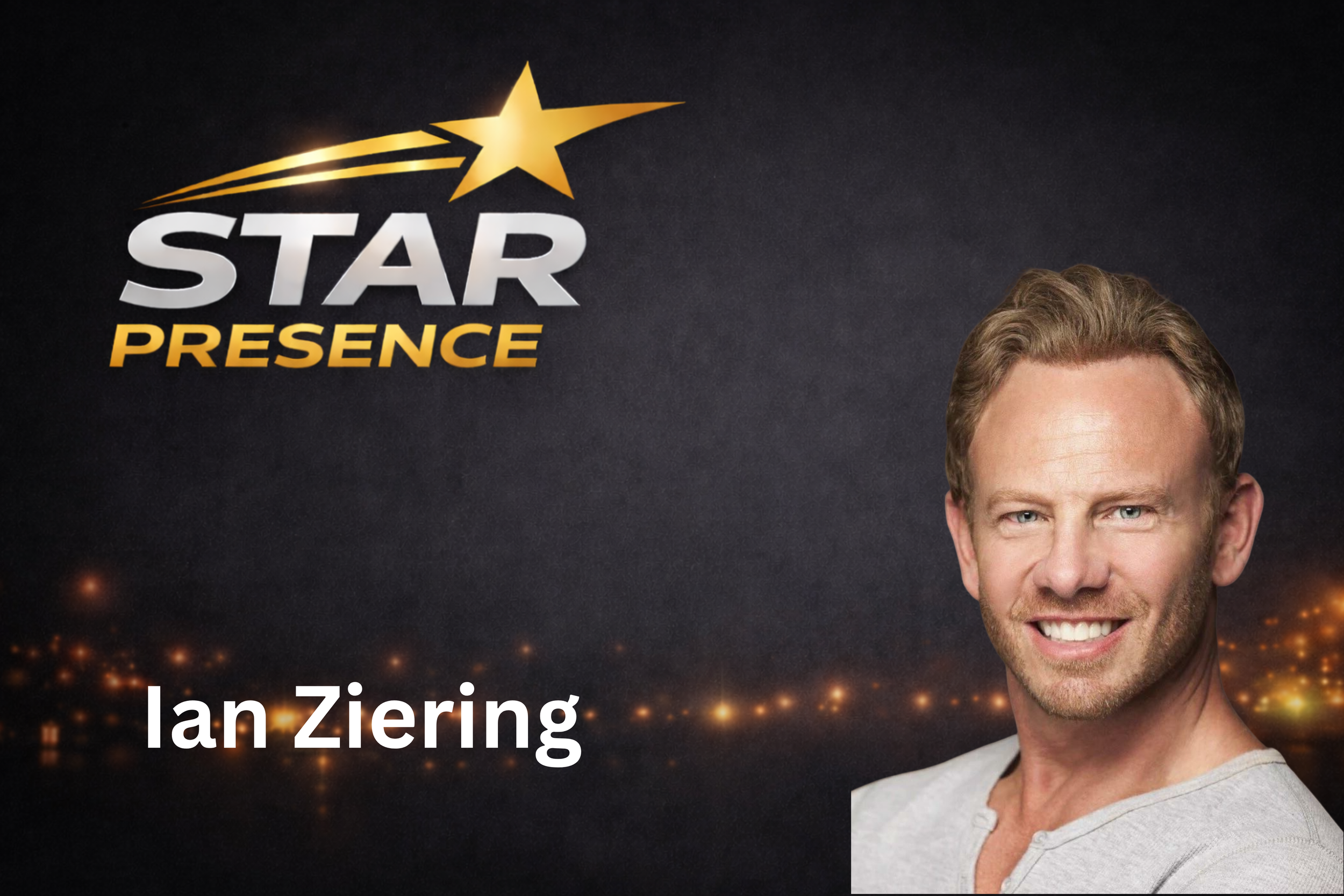 Partial image of a smiling man with short light brown hair, wearing a light gray shirt. The background is dark and includes a logo with a gold star and text. The visible text reads "Ian Ziering" at the bottom.