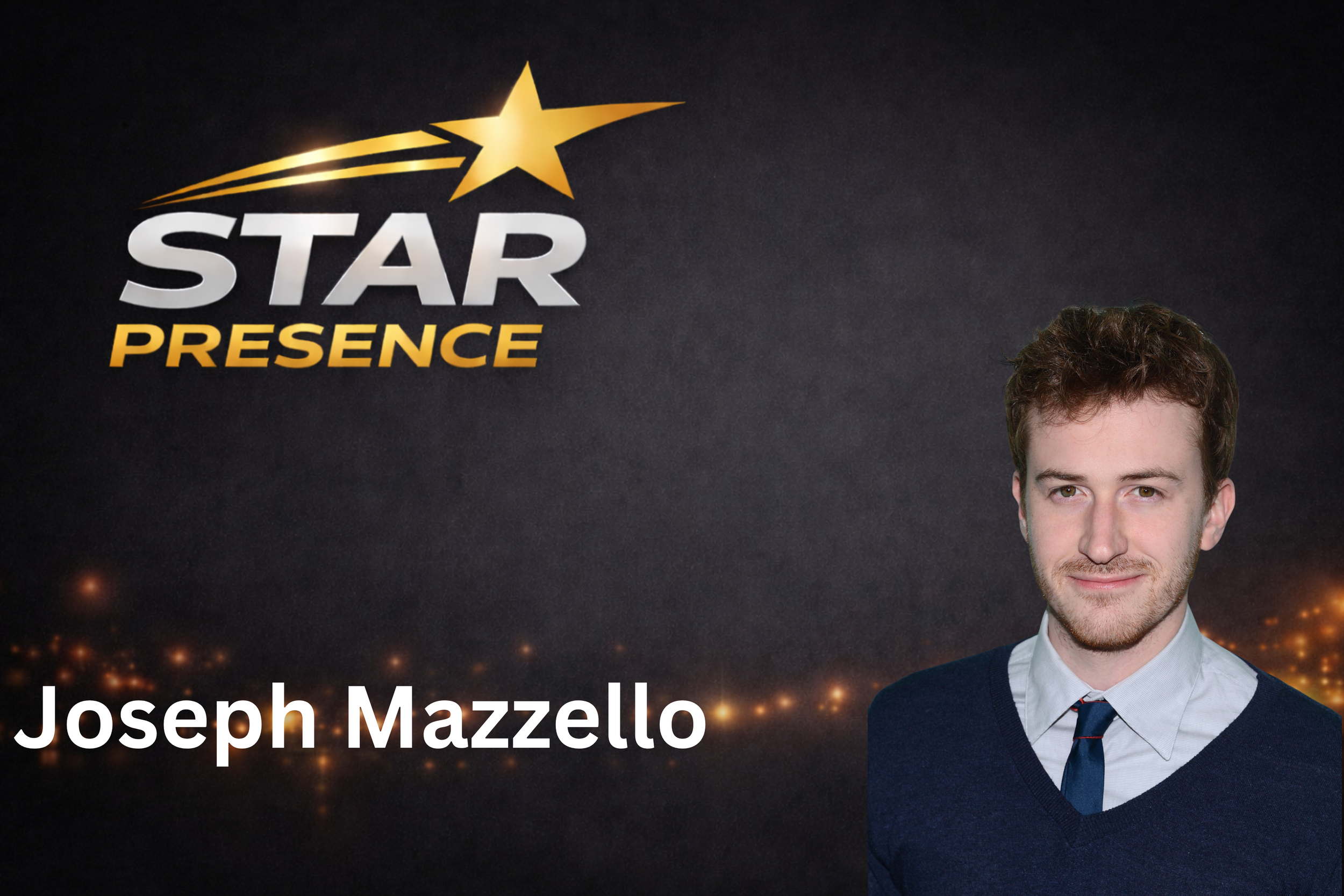 A promotional image for Joseph Mazzello with a dark background featuring stars and a space theme, showing part of a young man's face, text with his name, and a logo for Star Presence.