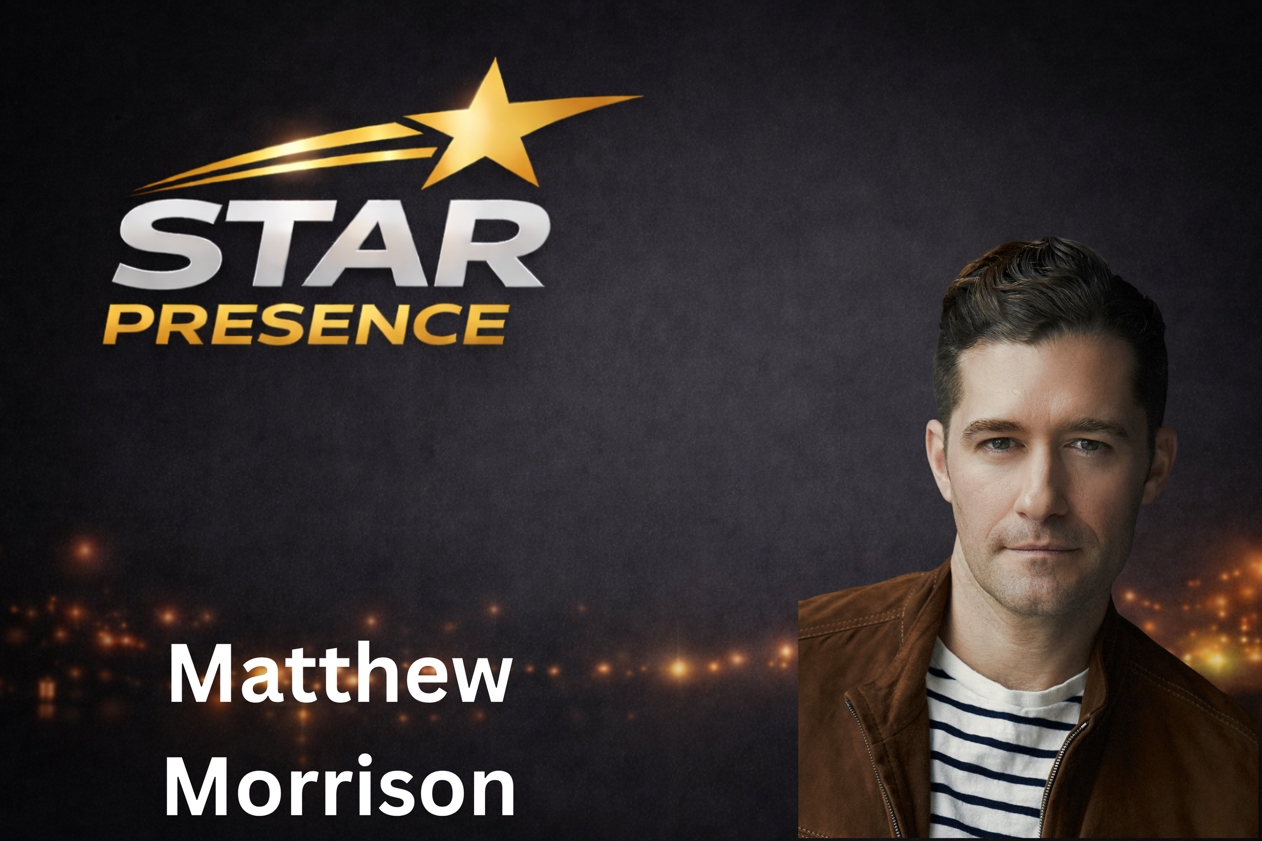 Part of a promotional graphic with a quote, a golden star and orbit graphic, a headshot of a man with dark hair, light skin, wearing a brown leather jacket over a striped shirt, and the names Matthew and Morrison partially visible.