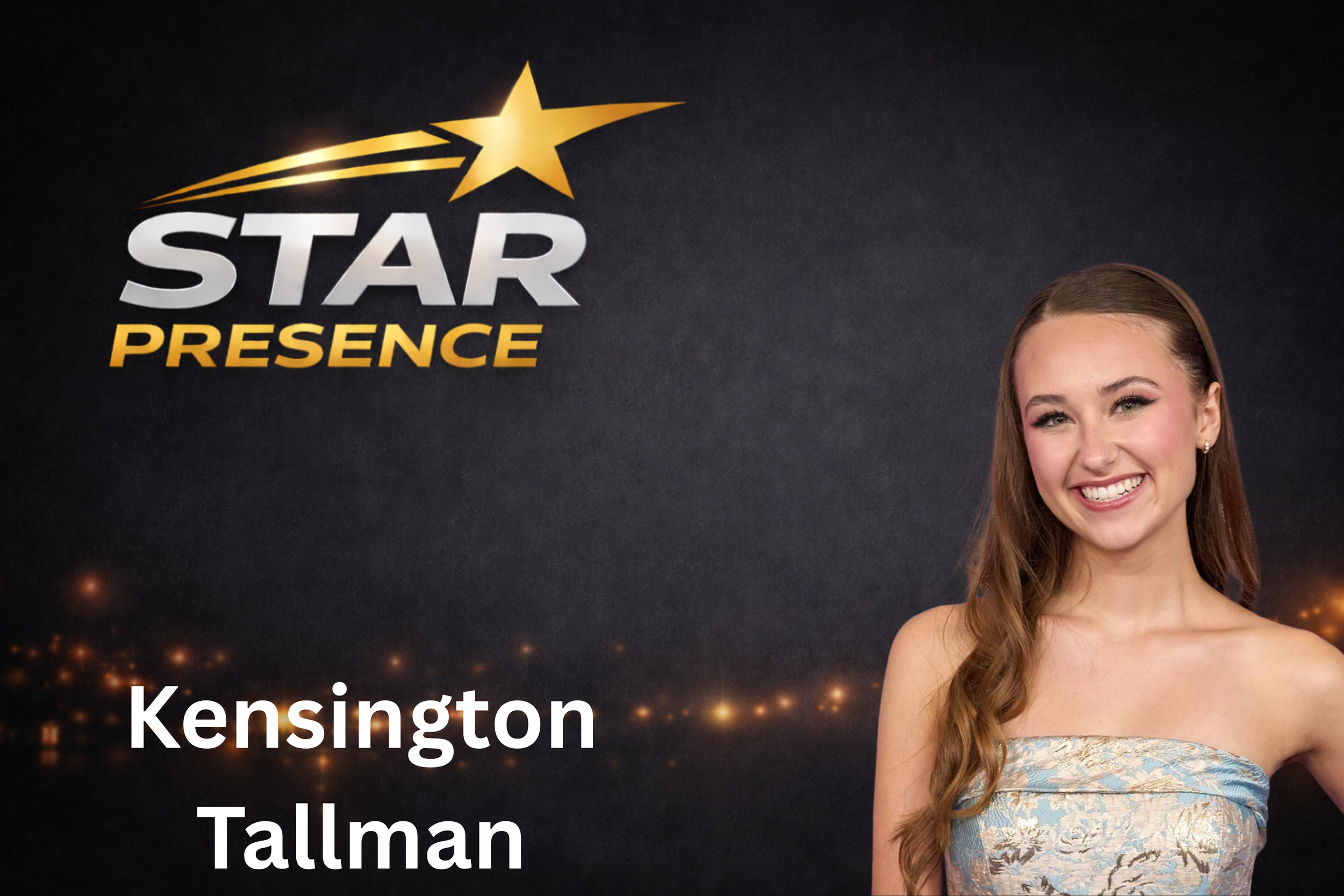 Young woman smiling, wearing an elegant dress, with blurred background and overlay text 'Kensington' and 'Tallmann'.