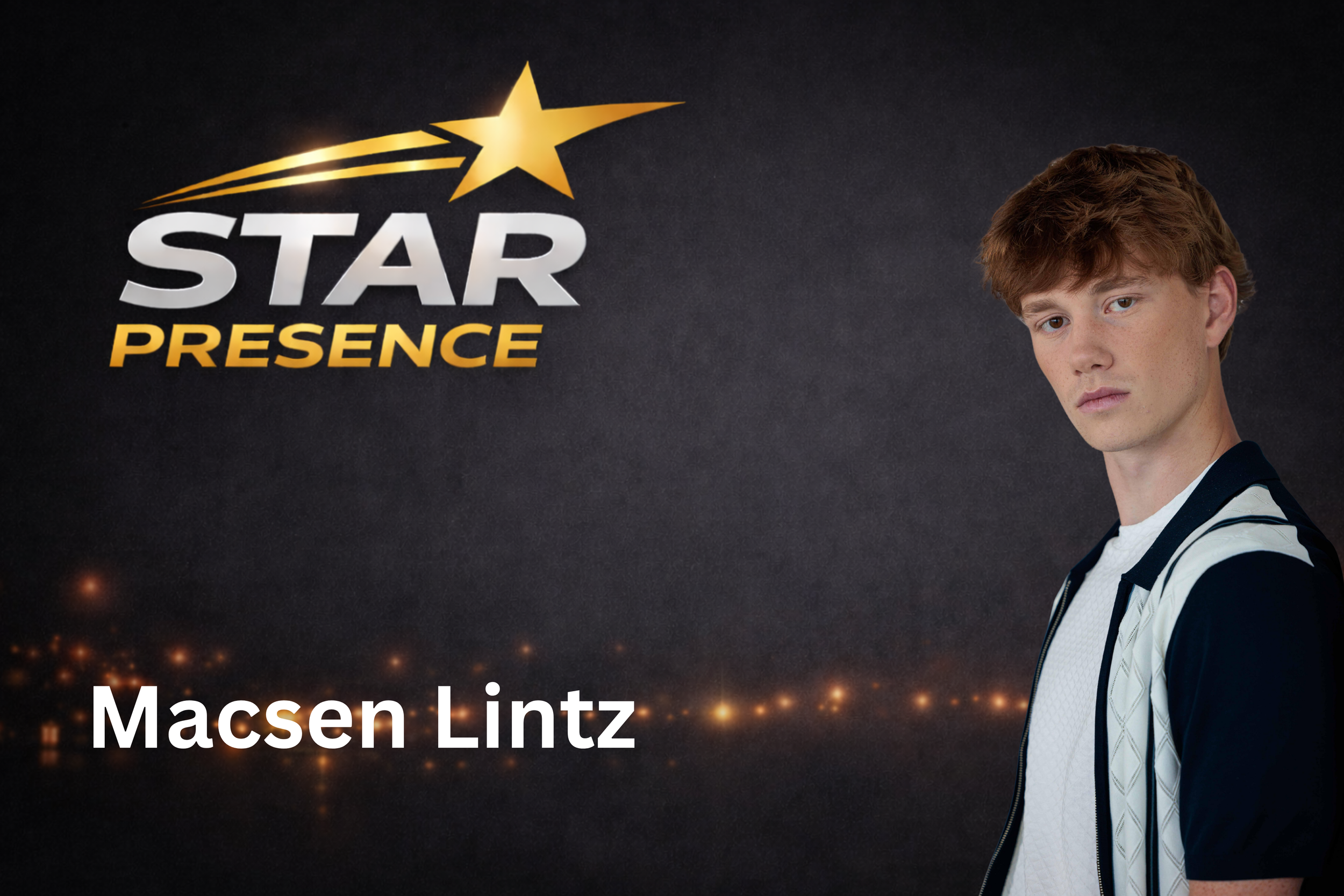 A promotional image for Star Presence featuring a young man with light skin and brown hair, wearing a white shirt and a black jacket, against a dark background with orange and gold accents and the name Macsen Lintz.