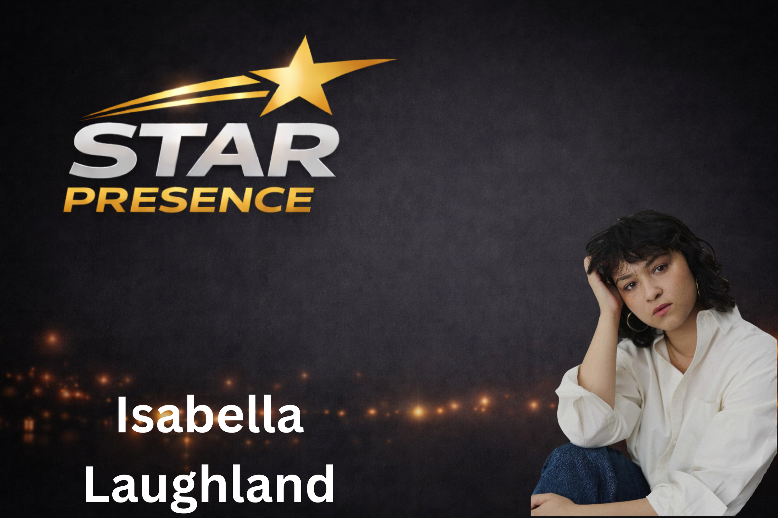 A woman with dark, curly hair, wearing a white shirt, sitting against a dark background with a star and shooting star graphic, and the words "Star Presence" and "Isabella Laughland".