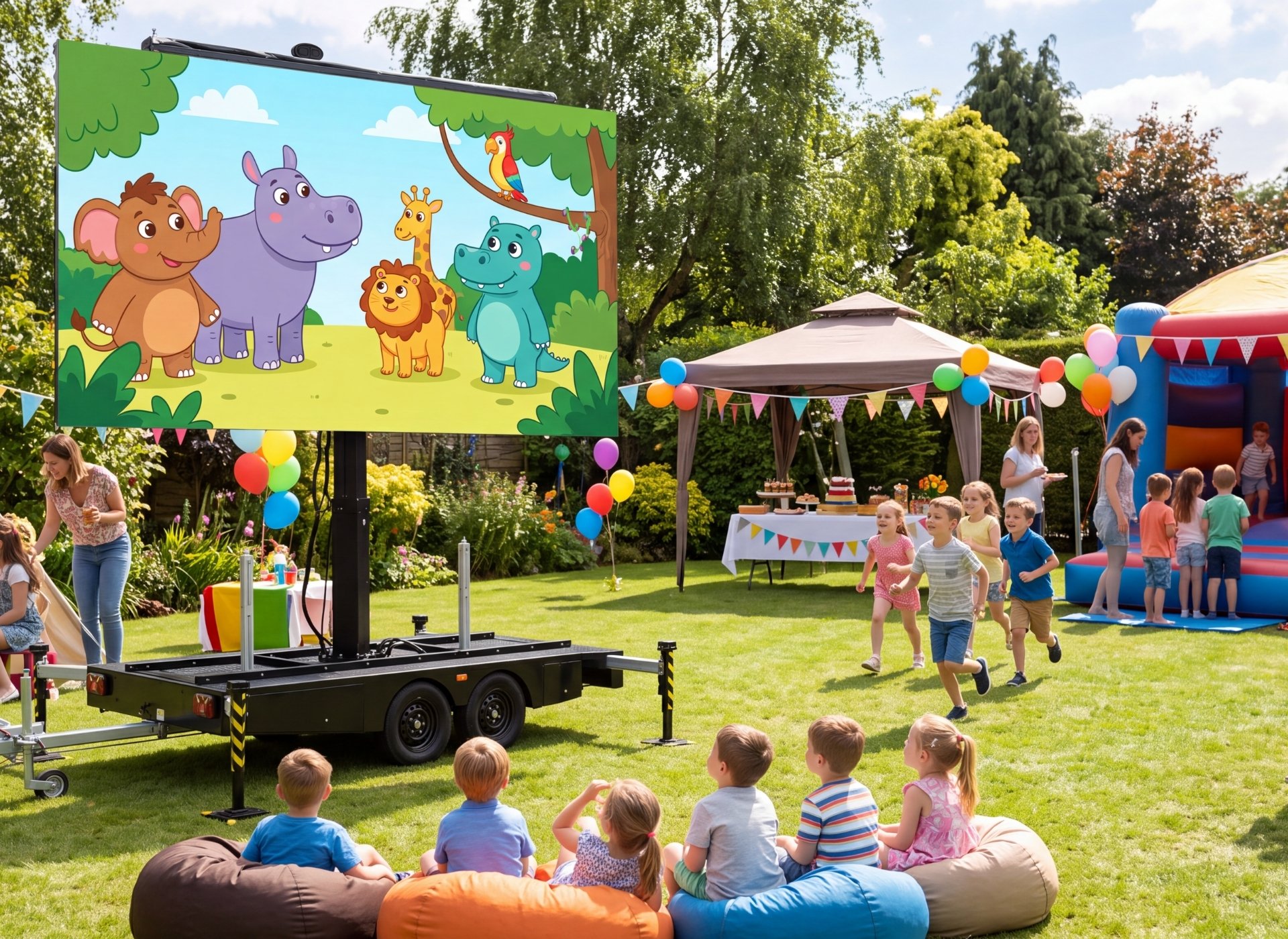 Children sitting on bean bag chairs watching a puppet show with a cartoon animal backdrop featuring an elephant, hippo, giraffe, lion, and parrot.