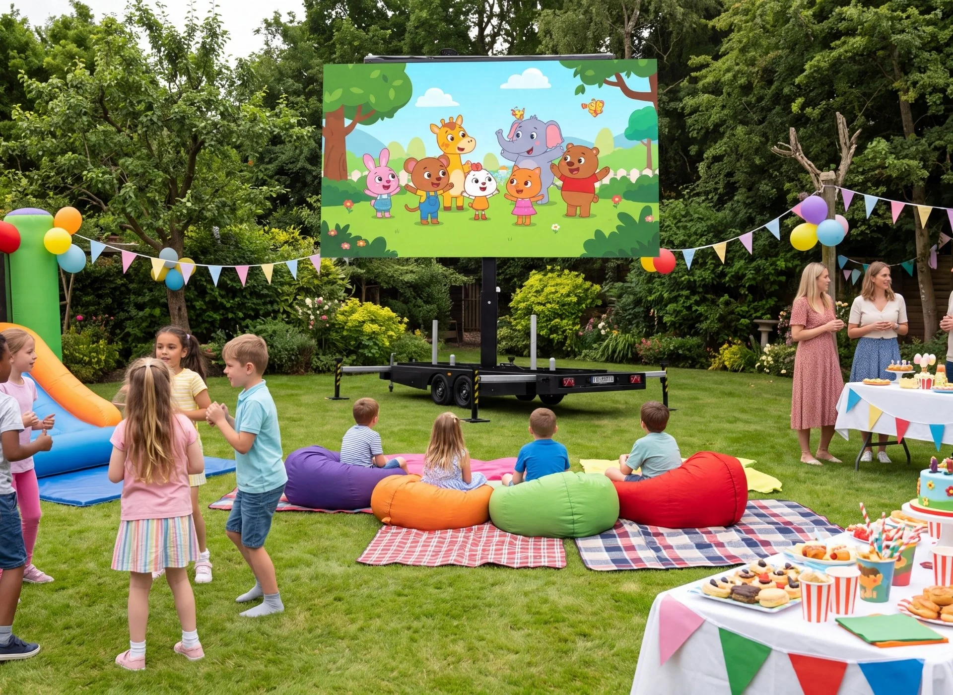 Children and adults enjoying a birthday party outdoors with colorful balloons, snacks, and a large screen displaying cartoon animals in a park setting.
