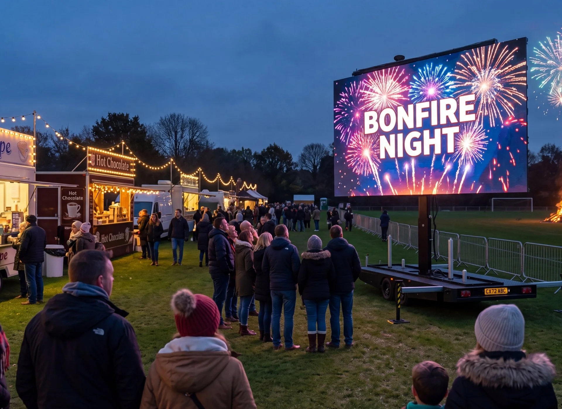 People gathered outdoors during evening for Bonfire Night, with a large screen displaying fireworks and the words 'BONFIRE NIGHT', food stalls, string lights, and trees in the background.
