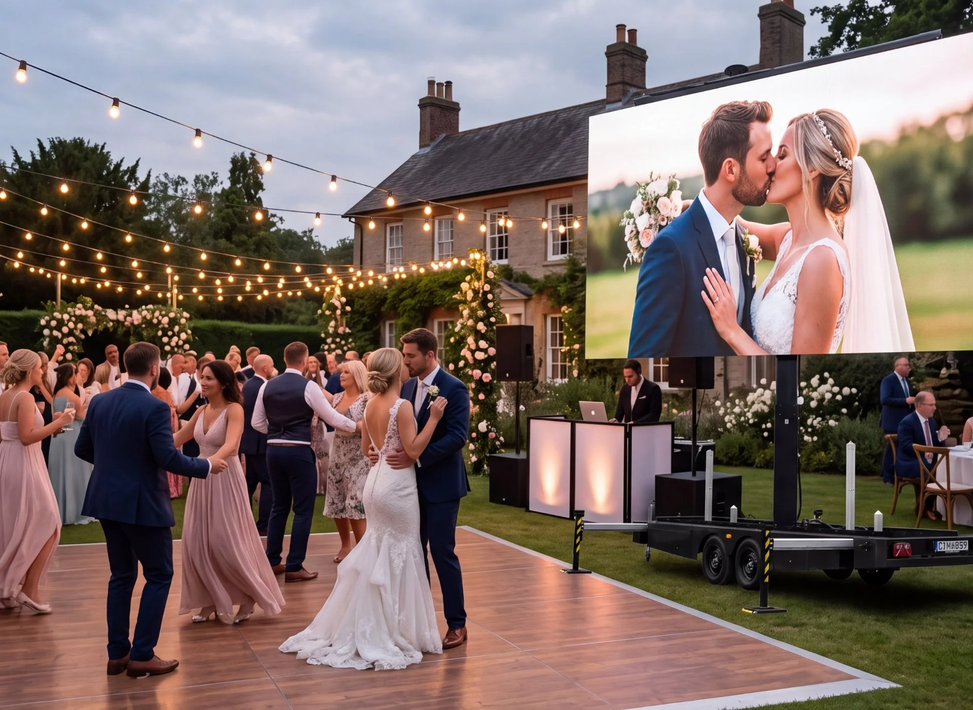 Wedding reception outdoors with string lights, a dance floor, a large screen displaying a couple kissing, and guests dancing and socialising in elegant attire.