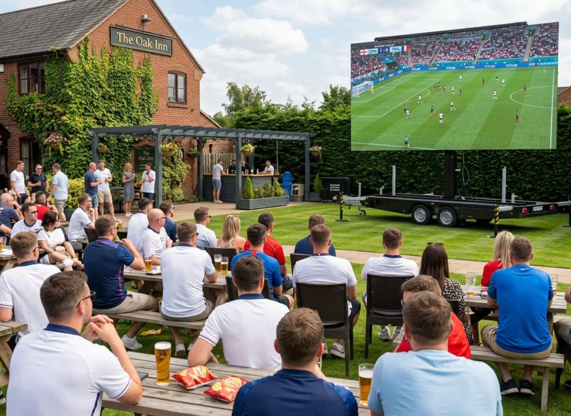 An outdoor gathering of people watching a soccer game on a large screen at a pub venue, with some people sitting at picnic tables and others standing nearby, with a brick building covered in greenery in the background.