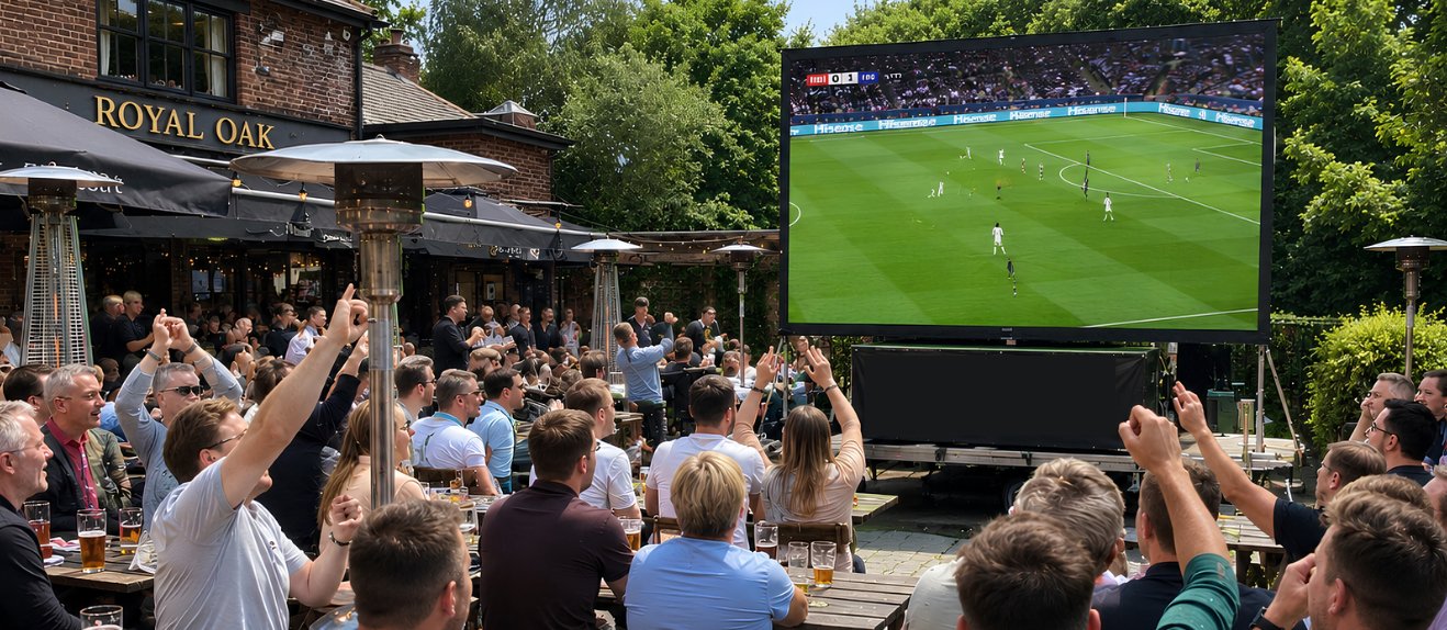 People watching a football game on a large outdoor screen in a pub patio, with many raising their hands, cheering.