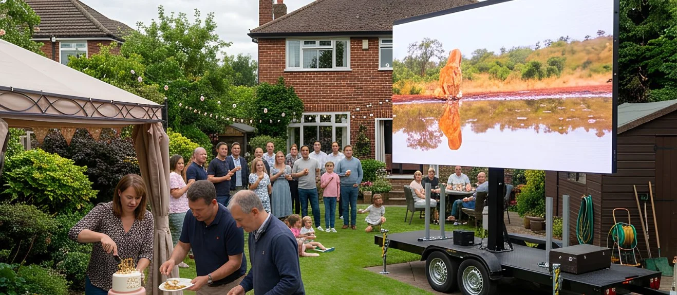 People gather in a backyard garden for a celebration, with some serving cake, others standing and talking, and children sitting and playing on the grass. There is a large screen displaying a scenic landscape, and outdoor furniture and garden equipment are visible.