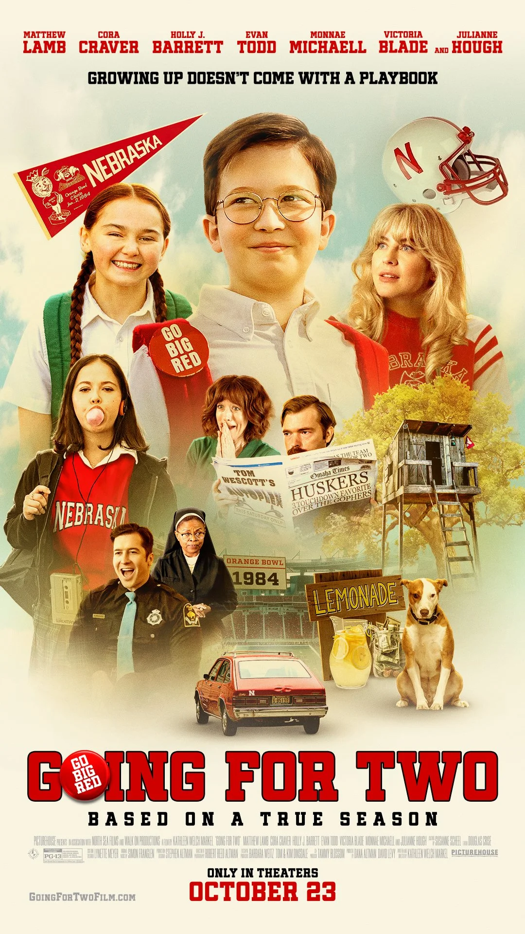 Movie poster for "Going for Two: Based on a True Season" featuring cast members, objects such as a Nebraska flag, a football helmet with an 'N,' a dog, a car, lemonade, a police officer, a nun, and various texts and images related to Nebraska football and the Orange Bowl.
