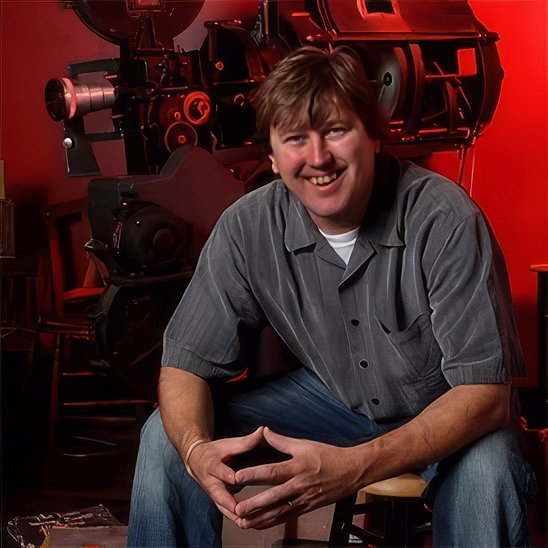 A young man with short light brown hair, smiling, wearing a gray button-up shirt and jeans, sitting on a stool in front of a large movie camera in a studio.