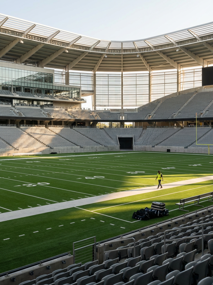 Empty football stadium with green field, white yard lines, and a person walking on the sideline, with stadium seating and architecture visible.