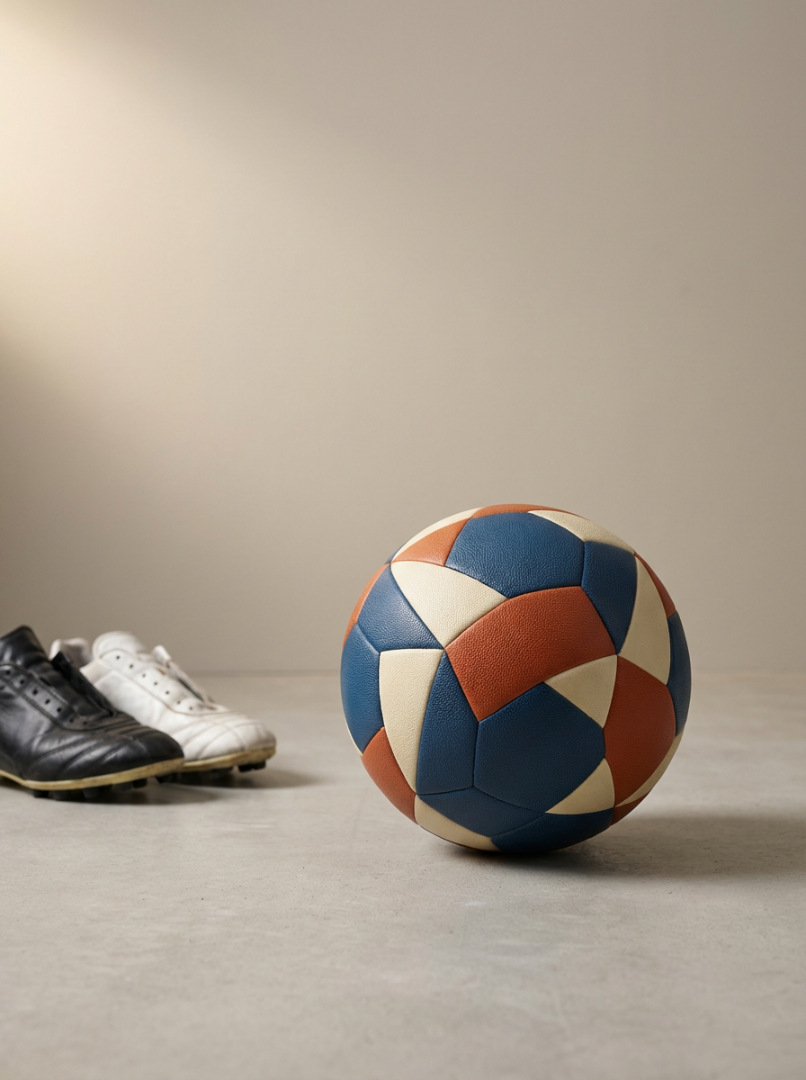 A colorful soccer ball and two sports shoes, one black and one white, on a gray floor against a plain beige wall.
