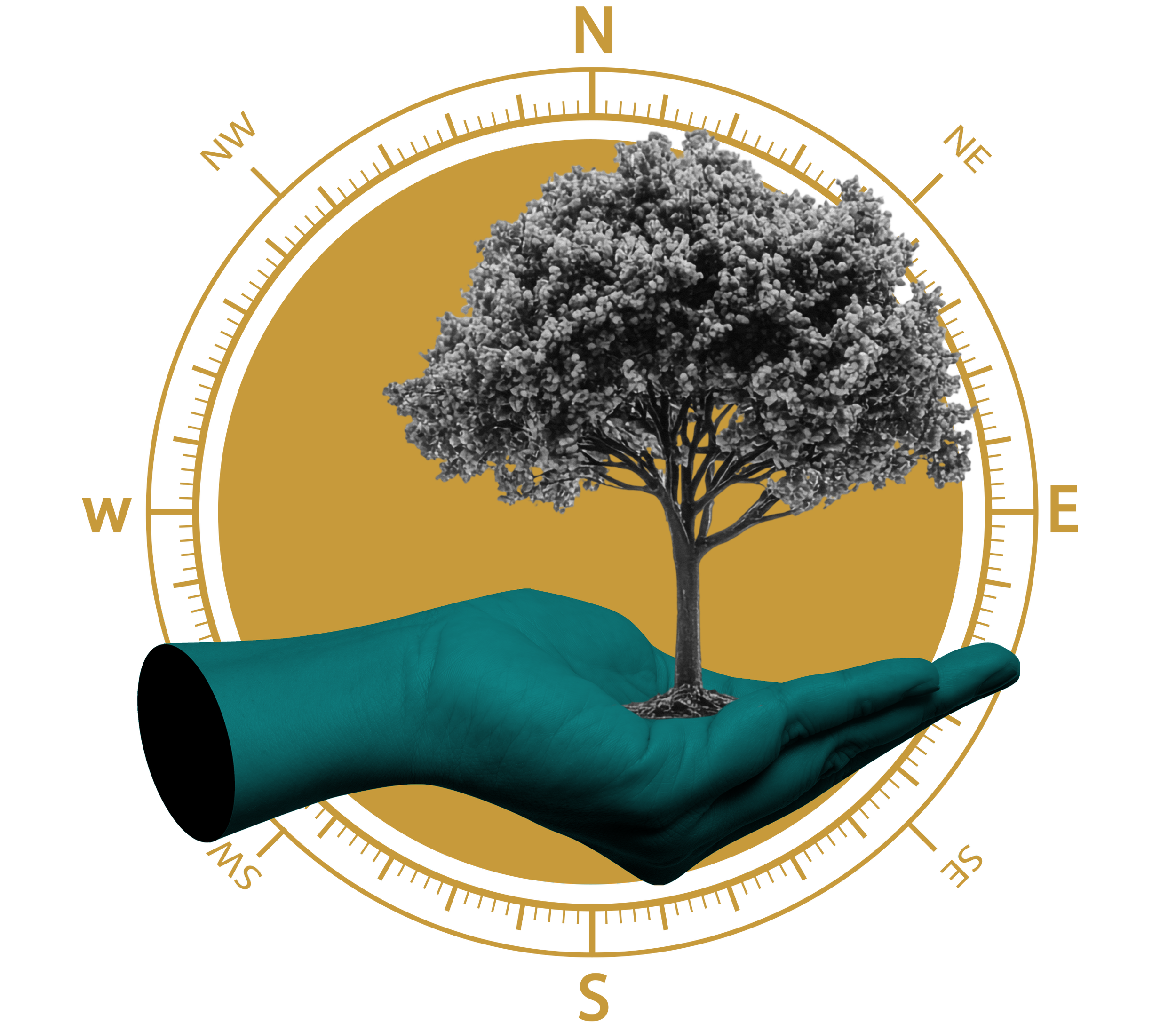 A hand wearing a teal glove holding a small tree with a gray, textured appearance against a warm gold background. The image features branding elements with a circular design and text around the border.