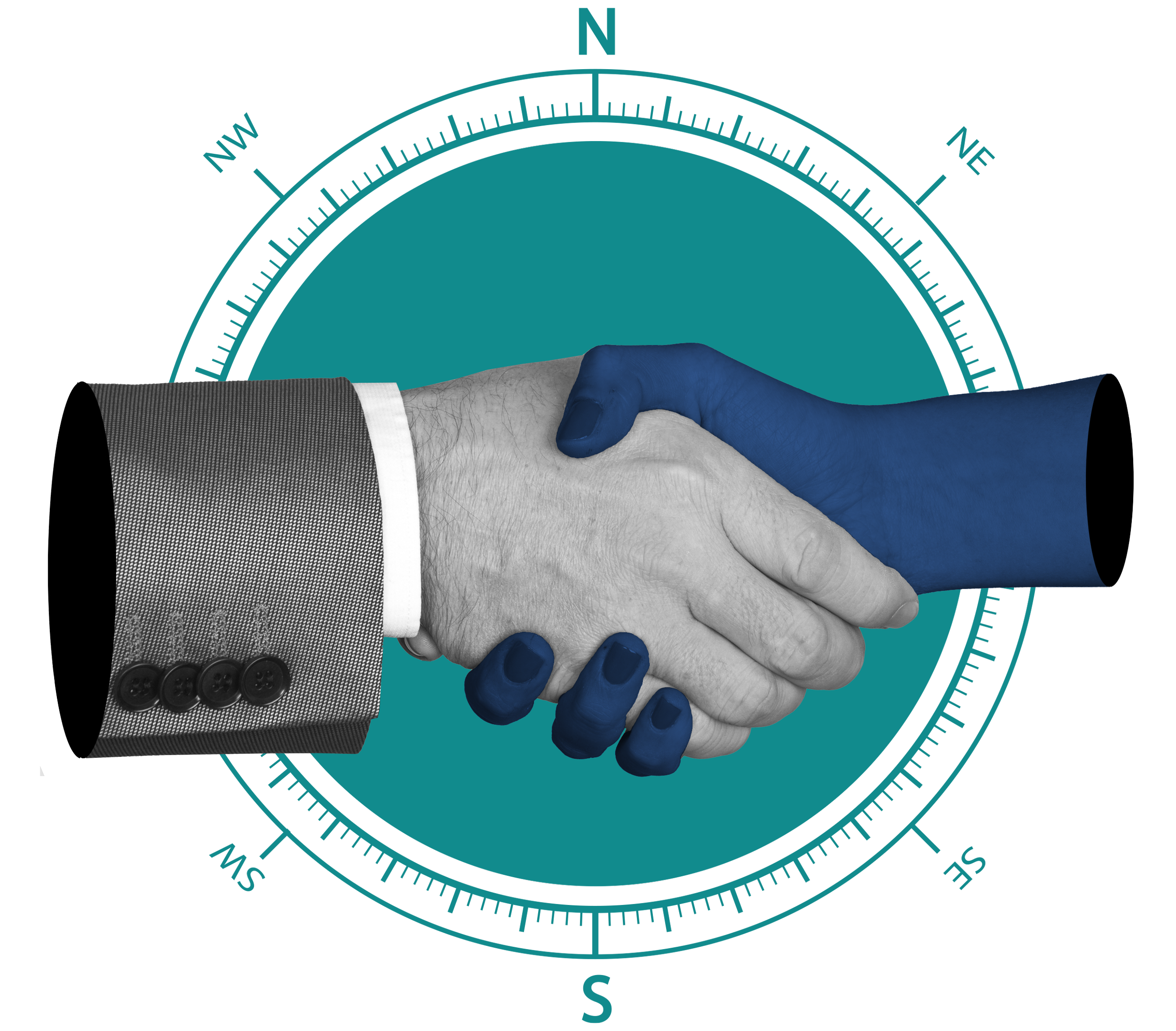 Close-up of a handshake between two individuals, one wearing a gray suit with a textured pattern and the other with a blue glove, against a digital background with graphs and a circular design in teal, black, and red.