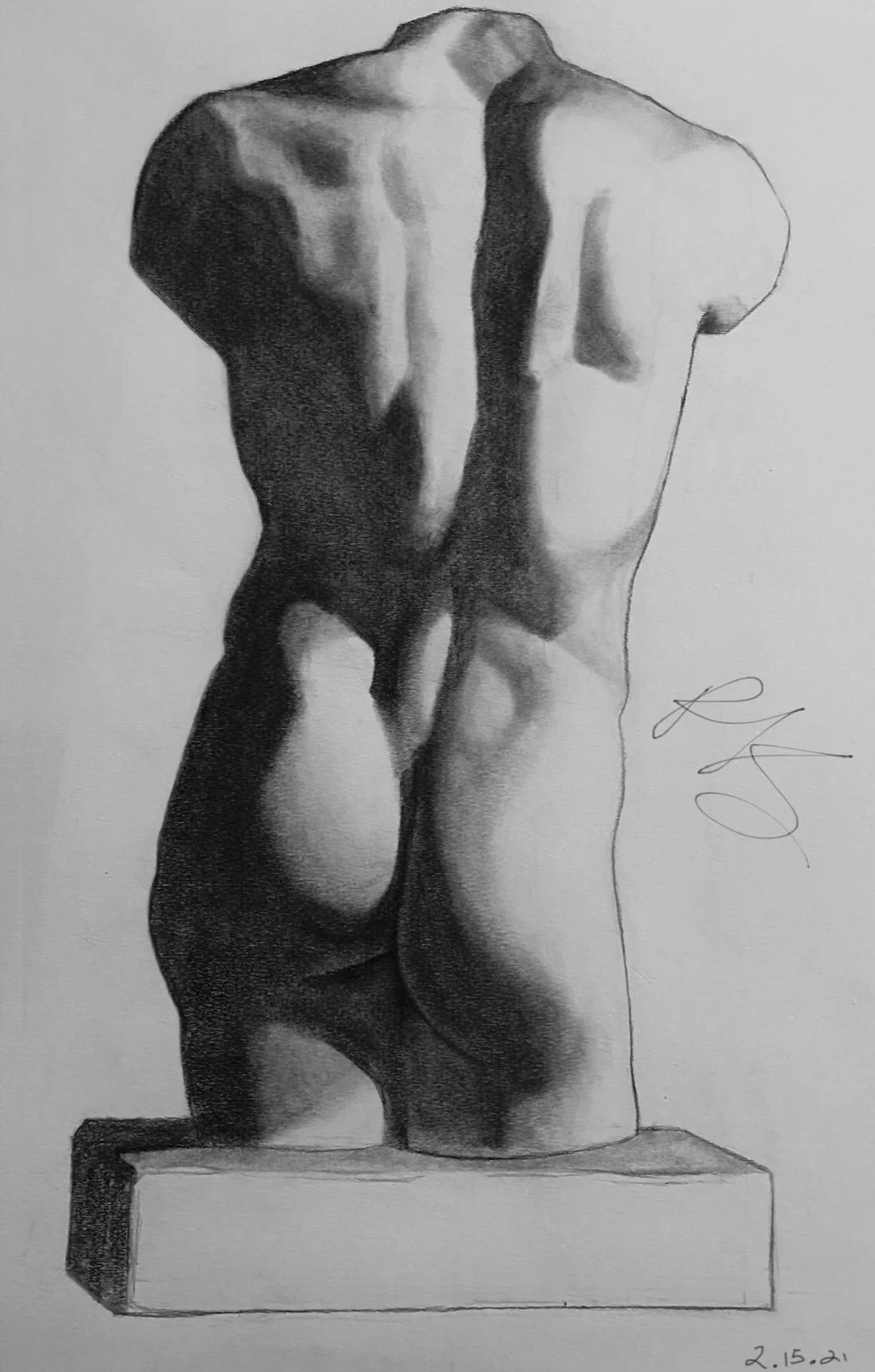 A detailed graphite drawing of a classical male torso sculpture, showcasing musculature and contours, placed on a rectangular base with a signature and date '2.15.21' in the bottom right corner.