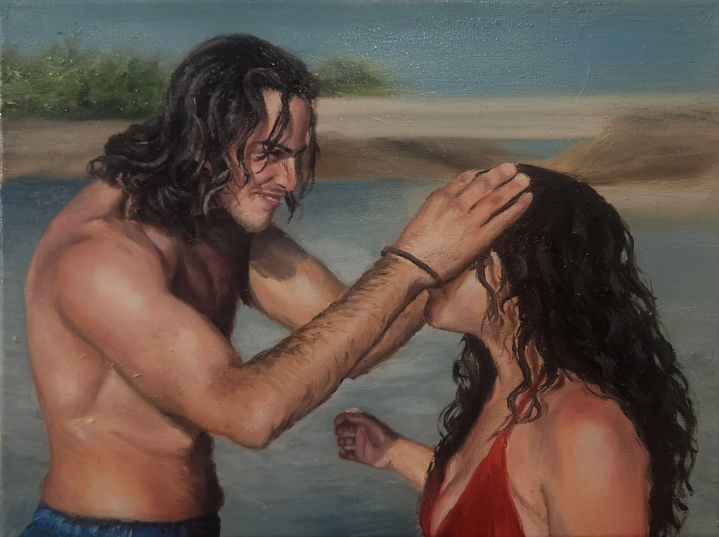 A painting of two people in an intimate moment, one with long dark hair and the other with shorter hair, both partially clothed, holding each other by the beach with the sea and sky in the background.