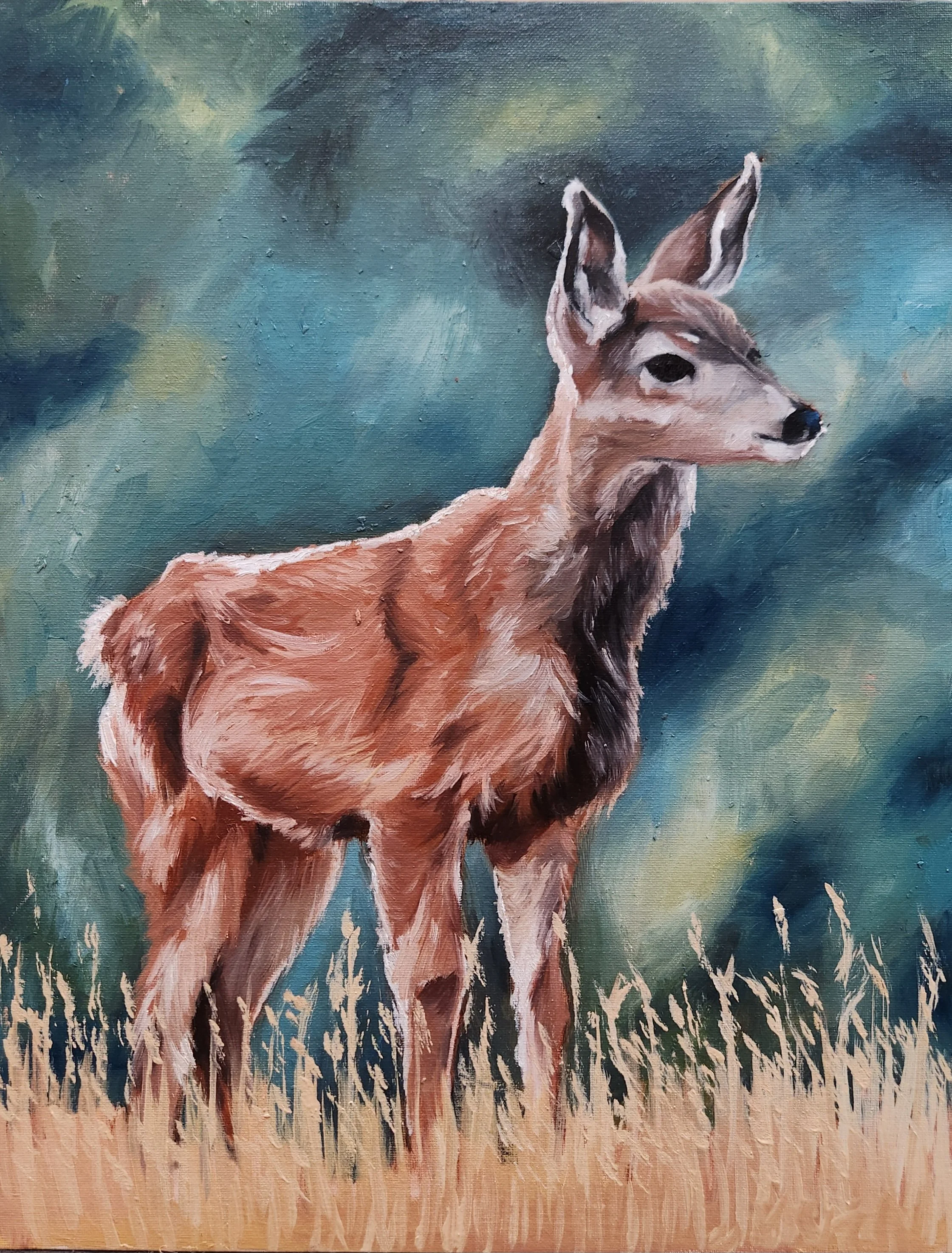 A painting of a young deer standing in tall grass with a blue sky in the background.