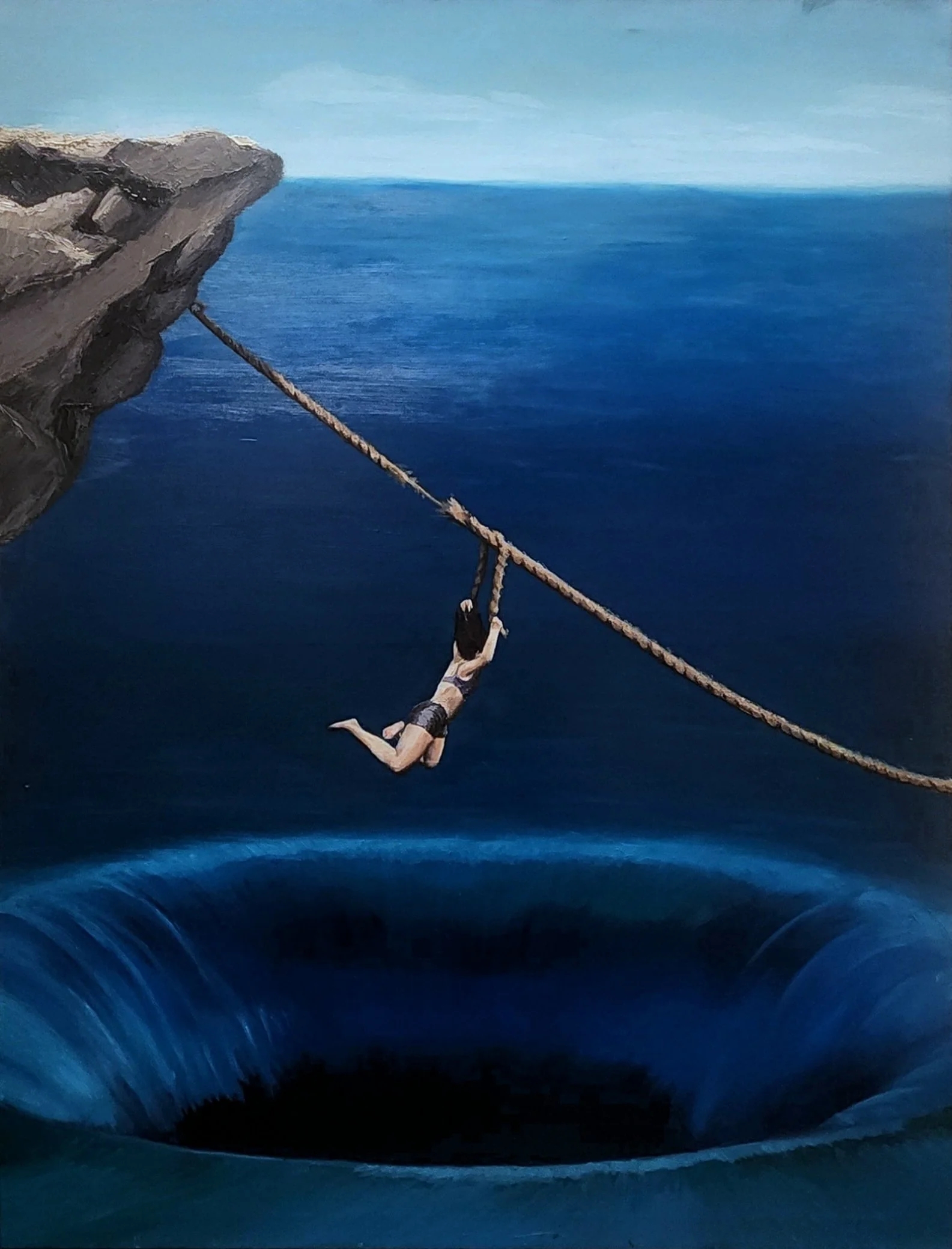 A painting of a person hanging onto a rope near the edge of a steep cliff over a deep blue ocean, with a distant horizon and a cloudy sky.