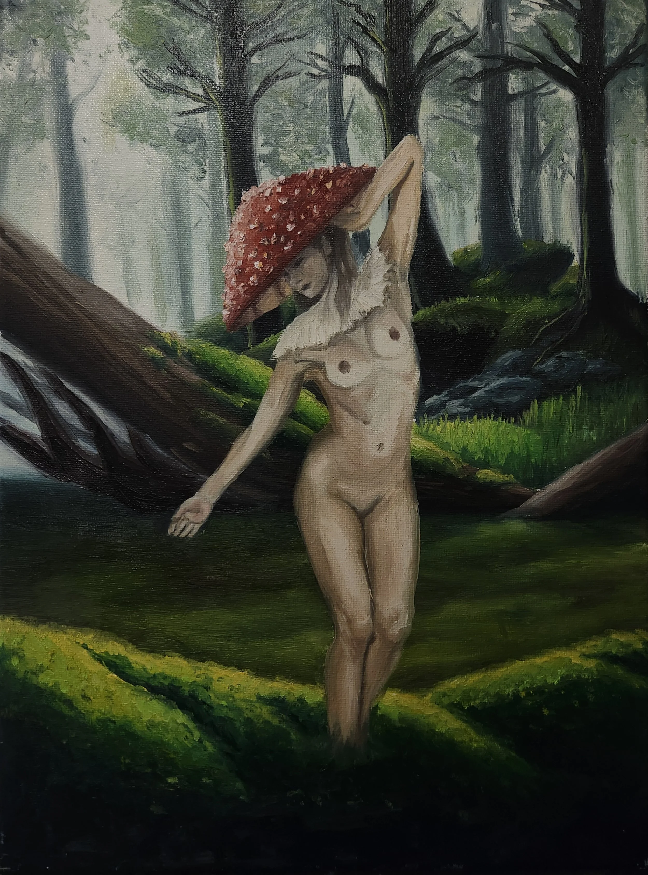 A painting of a nude woman with long hair, wearing a large mushroom cap, standing in a forest with tall trees and lush green foliage.