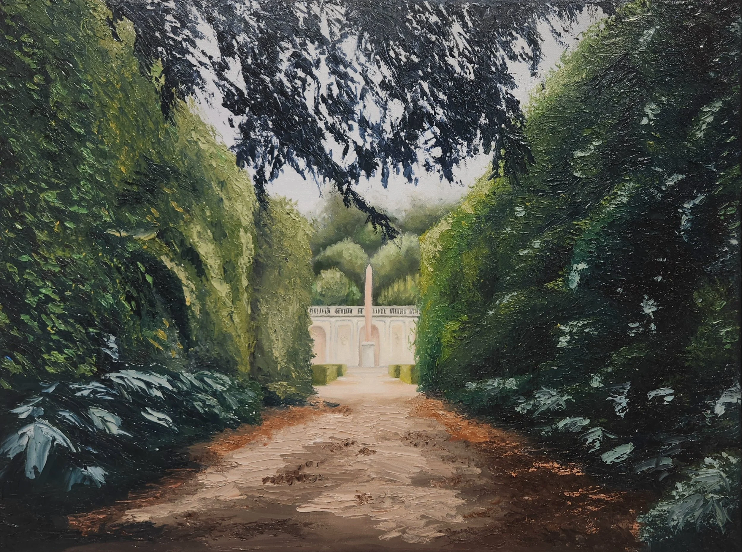 A painting of a tree-lined pathway leading to an ornate building in the distance, with a fountain in front, and lush green trees on either side.