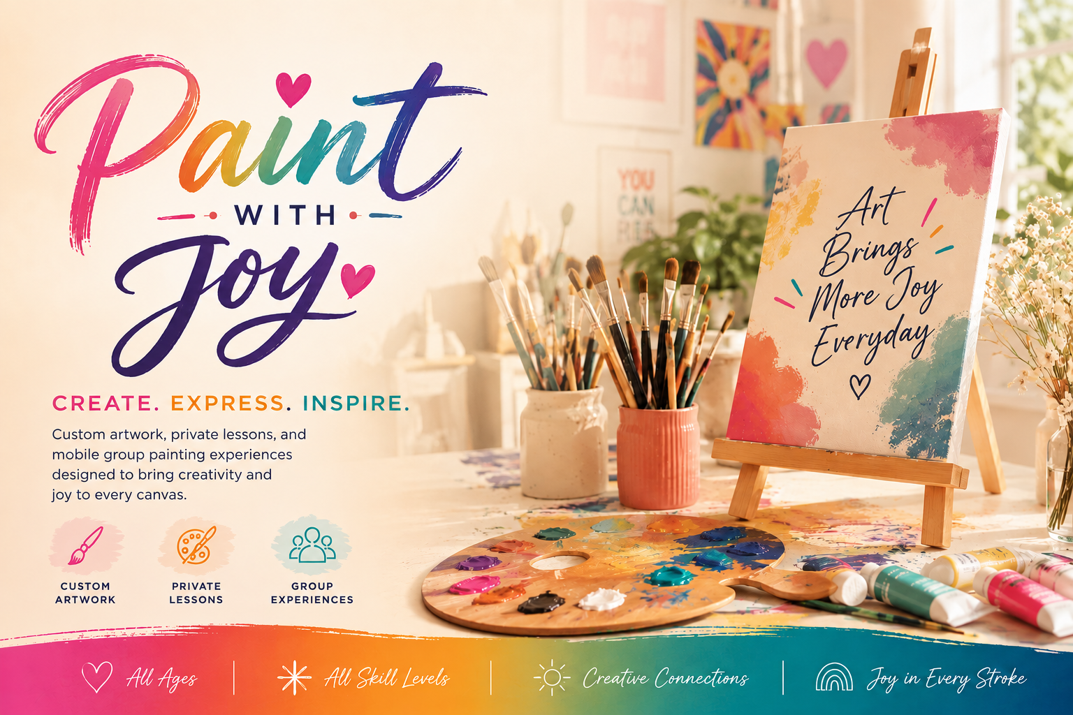 Interior of an art studio with paintbrushes in jars, a colorful painting palette, and an easel with a canvas that says, "Art brings more joy every day." The wall features vibrant artwork and inspiring quotes, with sunlight streaming through the window.