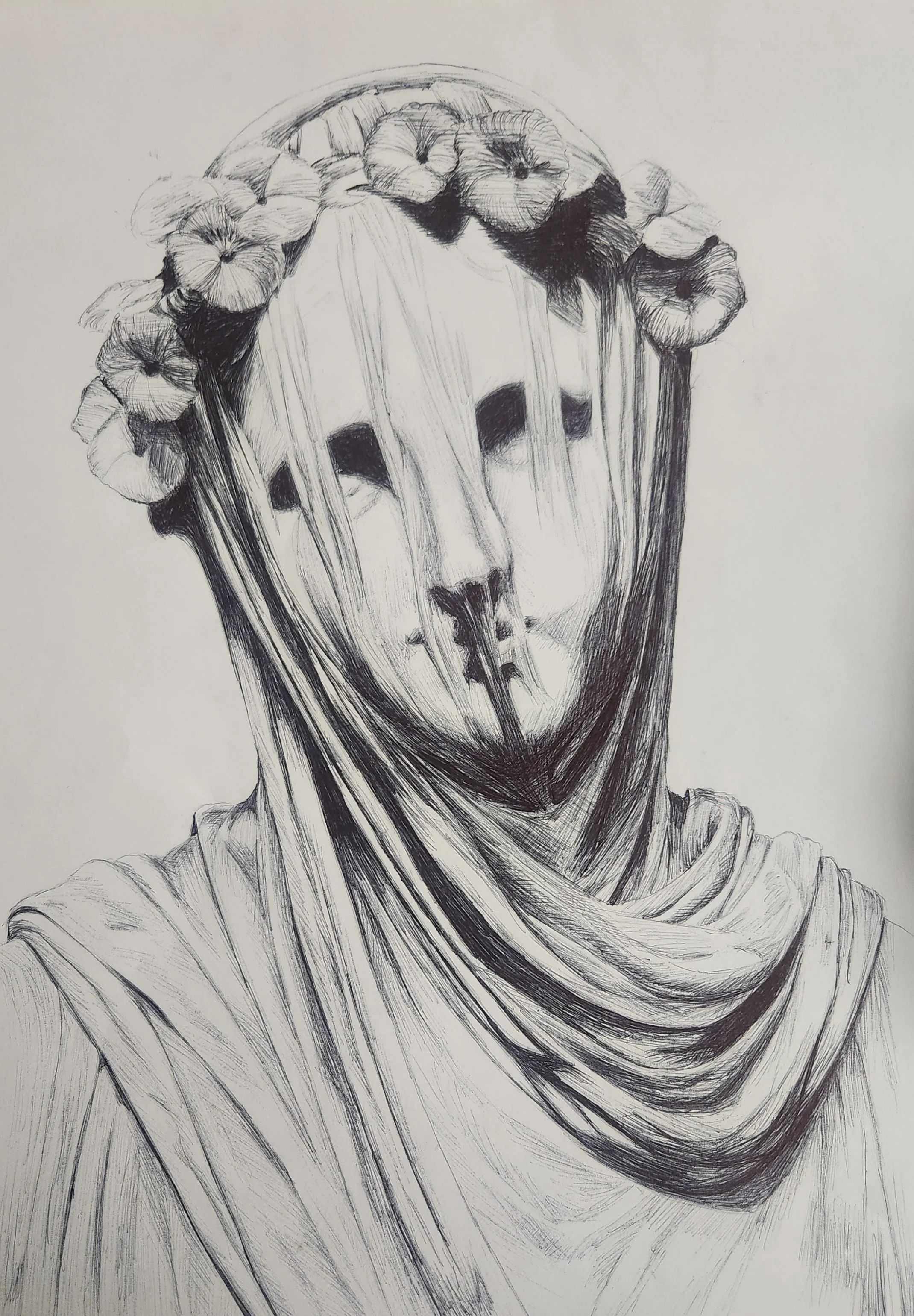 A black and white sketch portrait of a person with their face partially obscured by long, flowing hair.