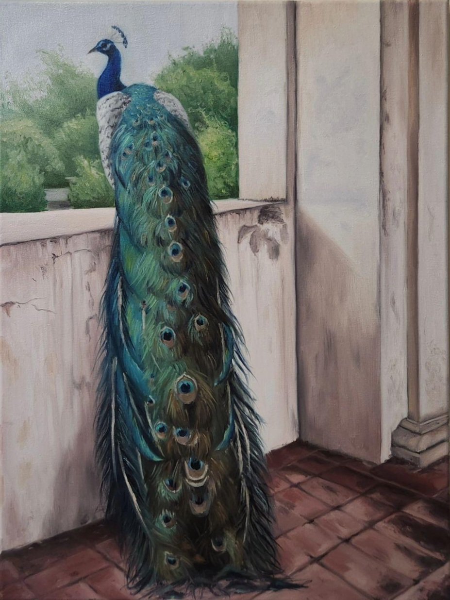 A detailed painting of a peacock with its tail feathers hanging down, placed indoors next to a window with a view of green trees outside.