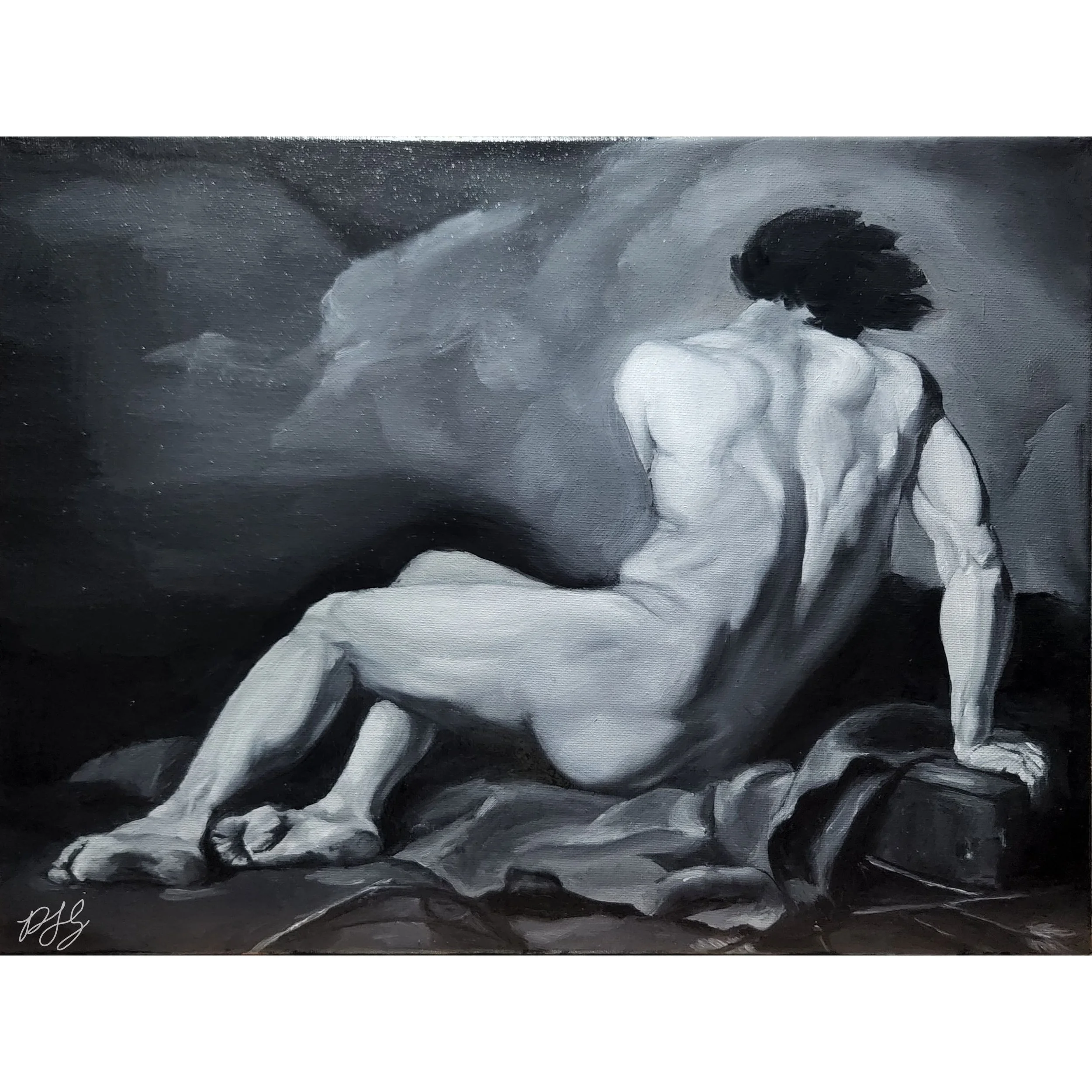 A black and white painting of a woman bending over, holding a mirror in her left hand, with short dark hair, wearing a dress, standing on a rocky ground near water with trees and hills in the background.