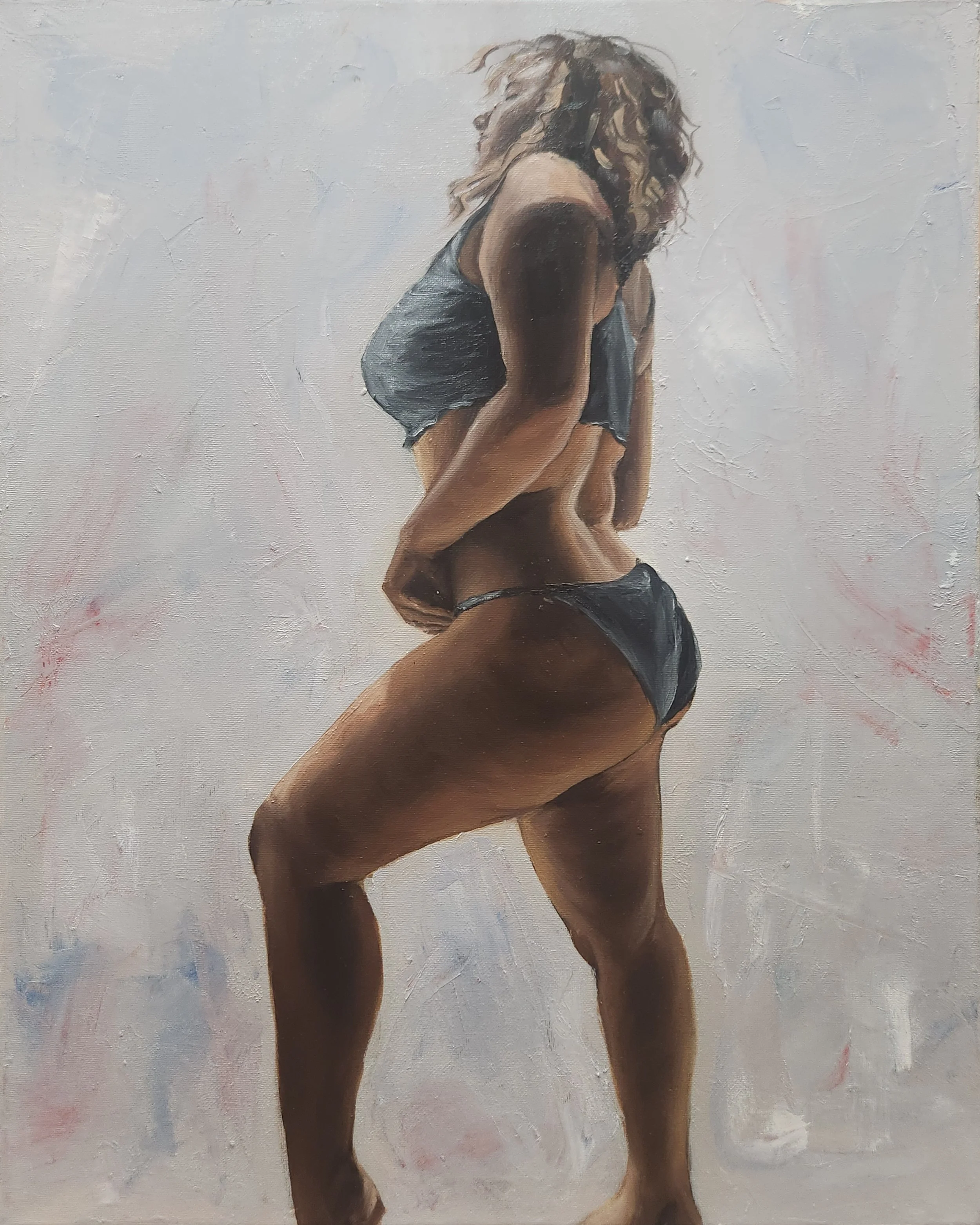 Painting of a woman with curly hair, wearing a black tank top and black underwear, standing with one leg bent and her back slightly arched, against a plain textured background.