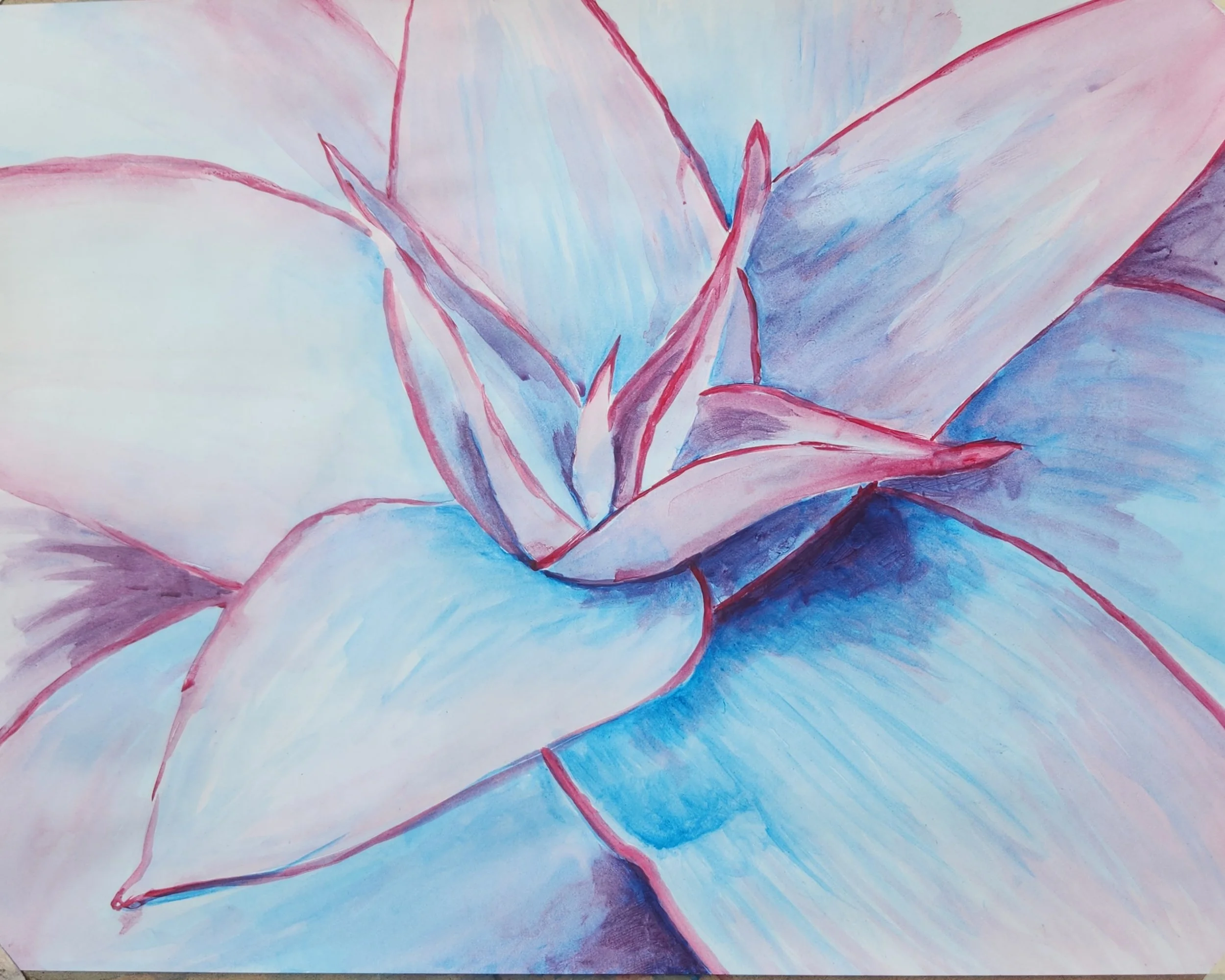 Close-up of an abstract watercolor painting of a flower with pink, blue, and purple hues.