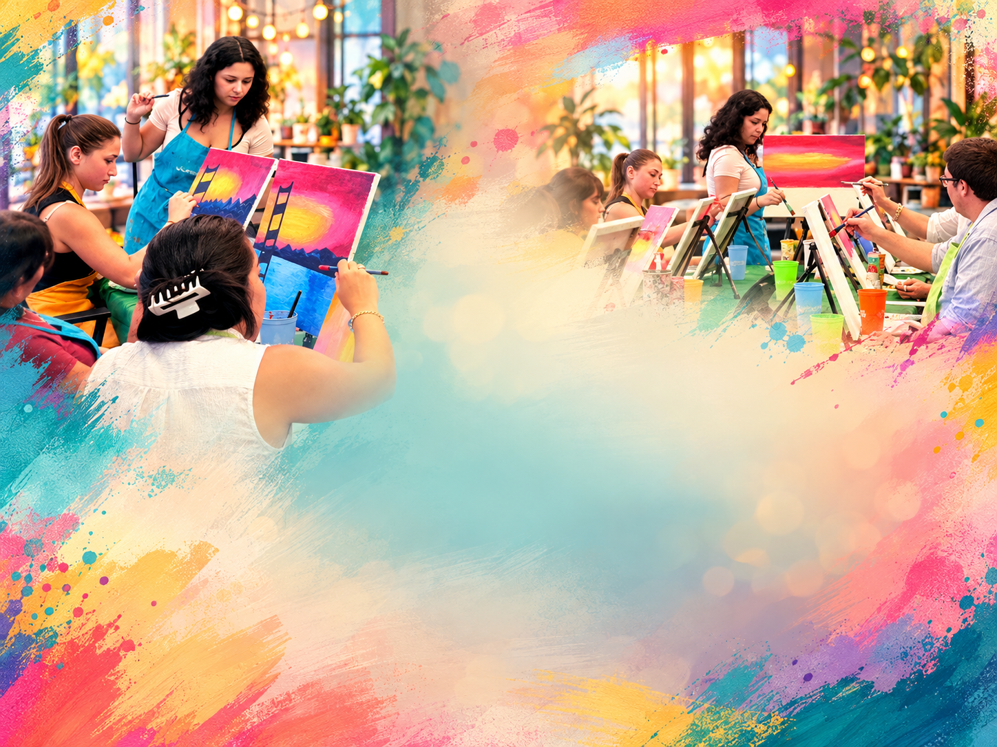 People participating in a painting class, creating colorful sunset paintings, in a bright, plant-filled room with colorful paint splashes overlay.