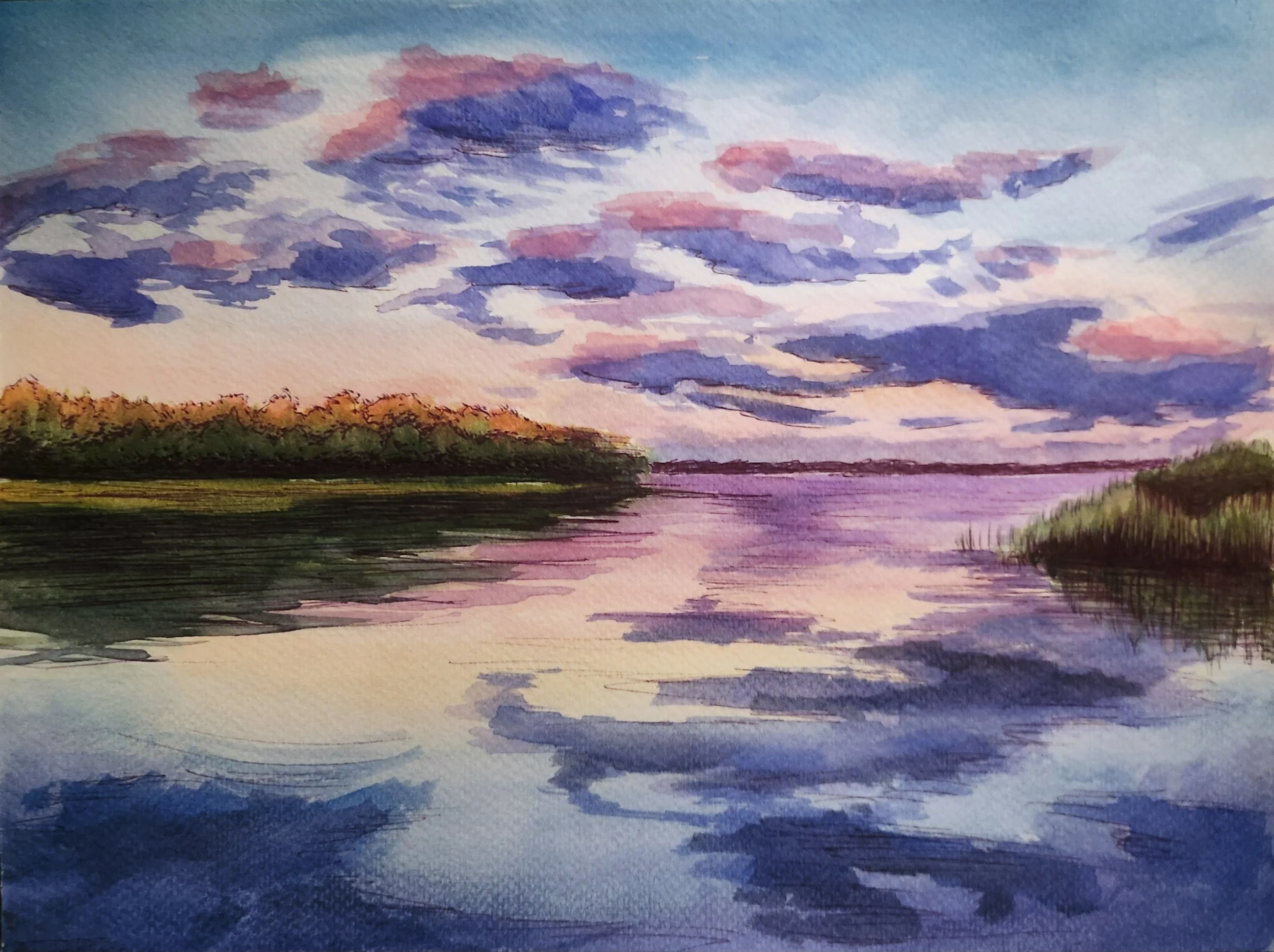 A watercolor landscape painting of a river or lake under a colorful sky with clouds at sunset, and trees along the horizon.