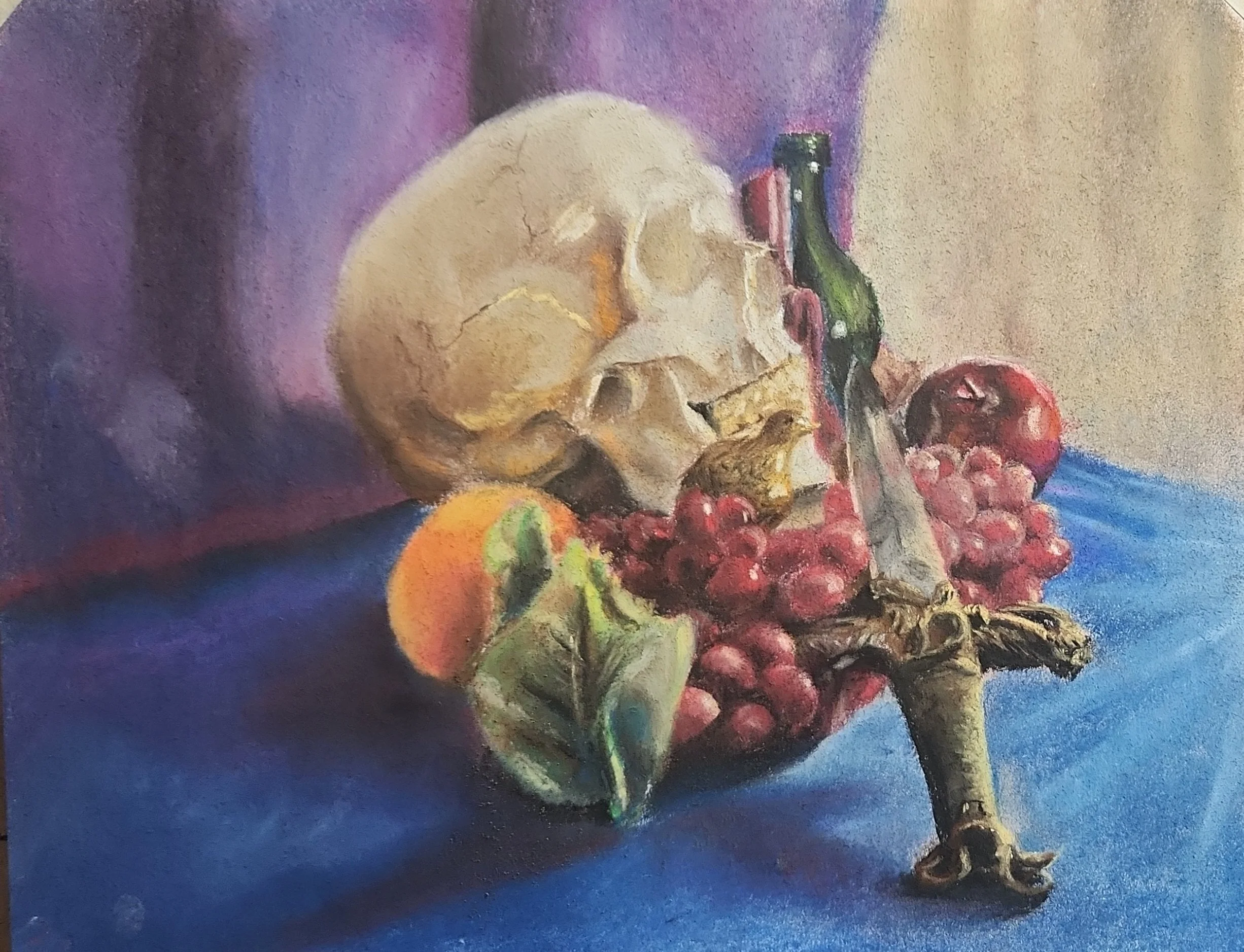 A still life painting of a human skull surrounded by colorful fruits, including grapes, apples, and a peach, against a purple and beige background.
