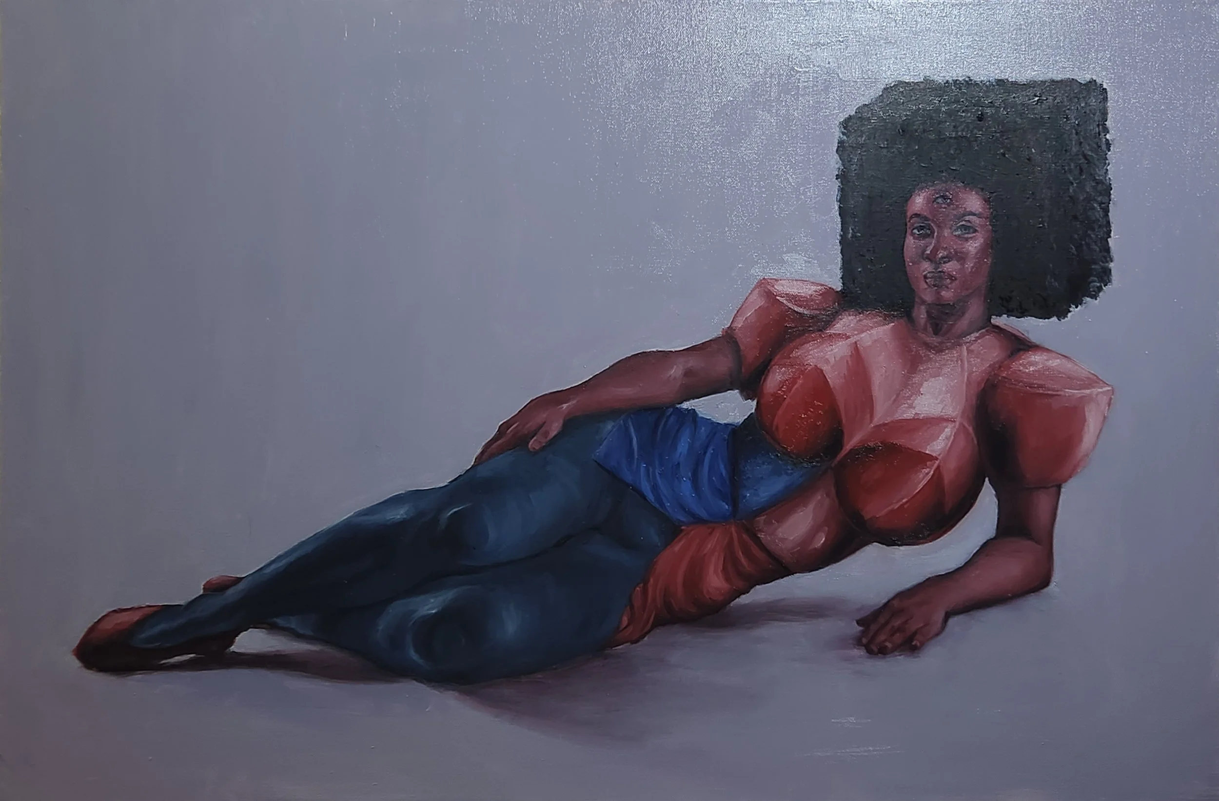 A painting of a woman with dark skin and curly hair, wearing a red top and dark pants, posed on the floor with one arm supporting her and her legs extended.