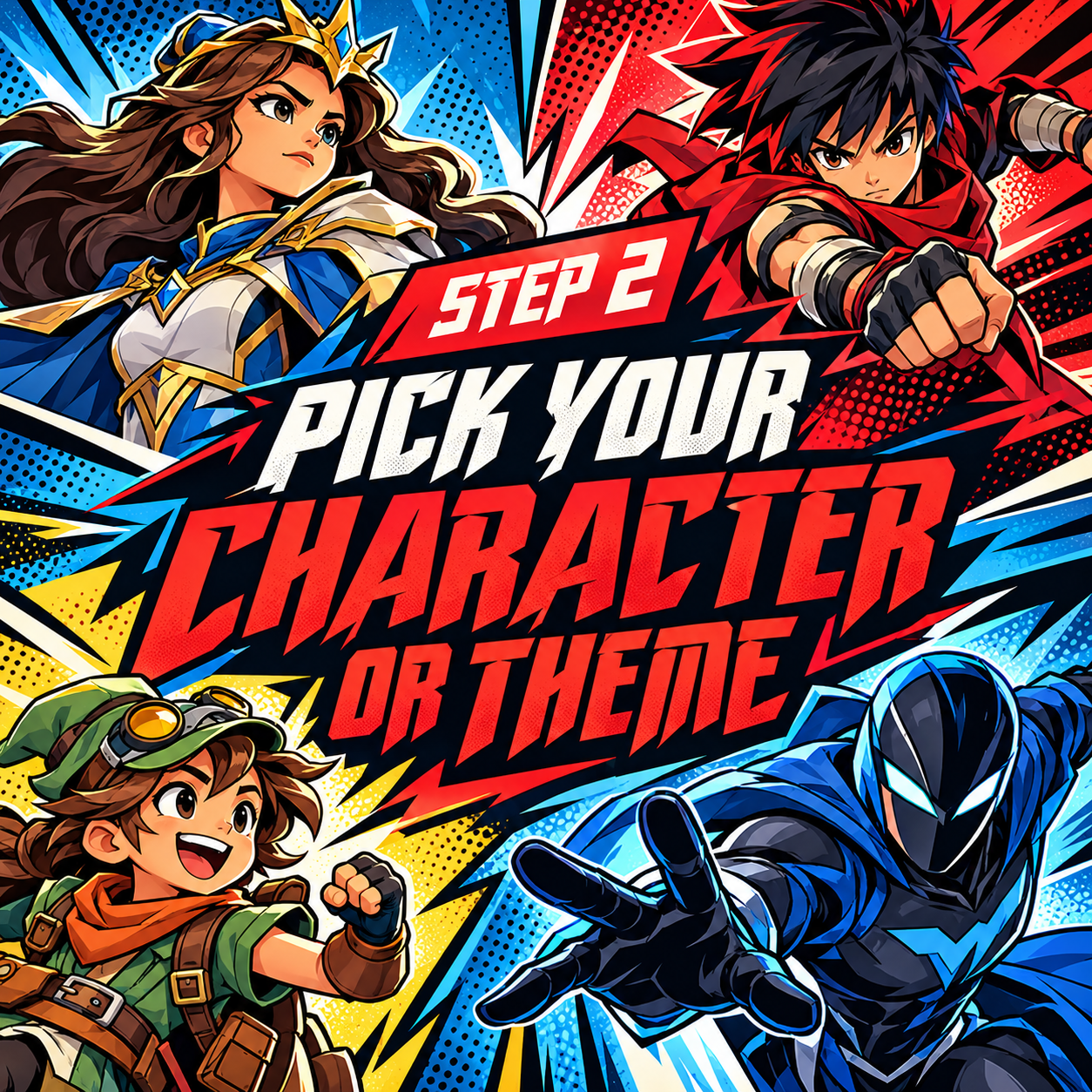 Colorful comic-style illustration of four characters with dynamic poses and a bold text overlay that reads 'Step 2: Pick your character or theme.' The characters include a female warrior with a crown in blue and white armor, a male hero with spiky black hair in red, a cheerful young adventurer in green with a helmet, and a mysterious figure in a black and blue ninja costume, all with energetic backgrounds.
