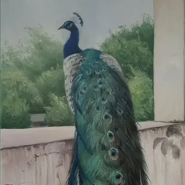 Painting of a peacock with blue and green feathers, standing outdoors near a wall and greenery in the background.