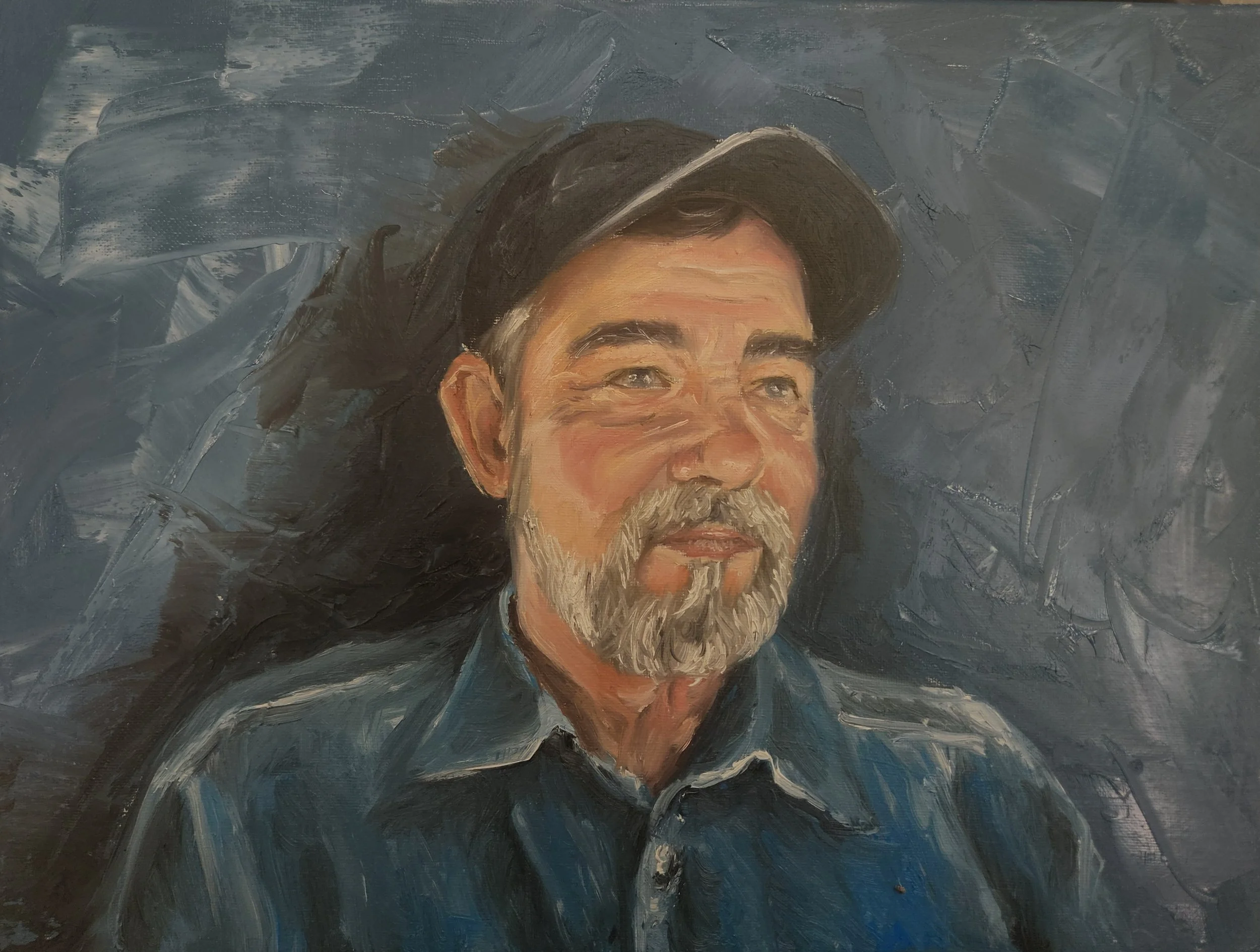 A realistic oil painting of a man wearing a black hat, with a gray beard and mustache, against a textured dark blue background.