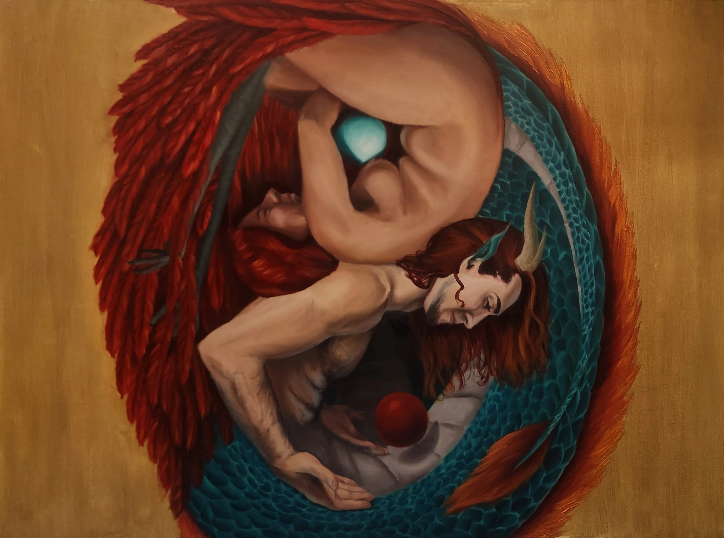 Painting of a woman with long red hair, lying down inside a large, colorful, circular structure. She is holding a glowing orb in her hands, with closed eyes and a peaceful expression.