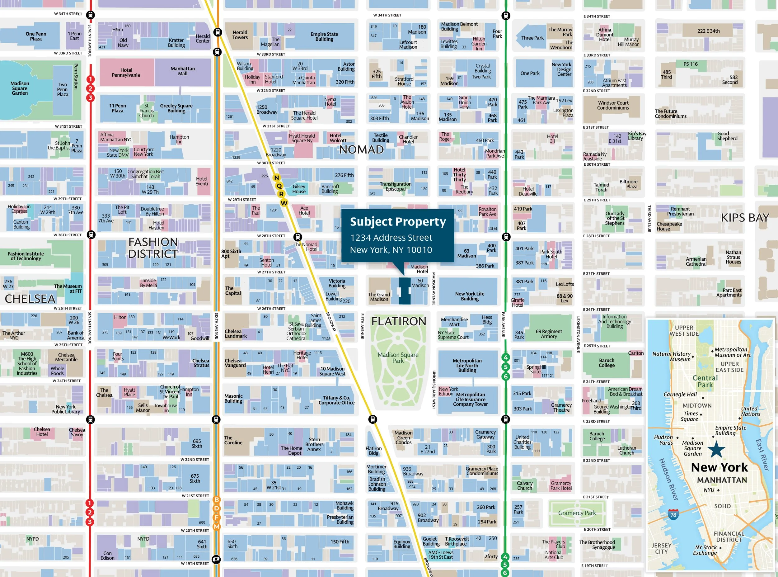 Map of Midtown Manhattan in New York City showing streets, parks, buildings, landmarks, and subway lines, with a highlighted property address at 1234 Address Street.